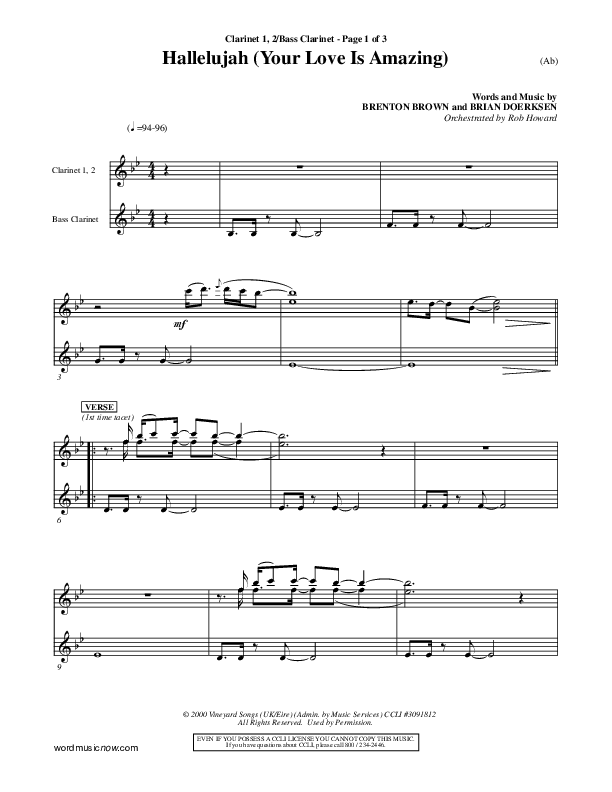 Hallelujah (Your Love Is Amazing) Clarinet 1/2, Bass Clarinet (Brian Doerksen)
