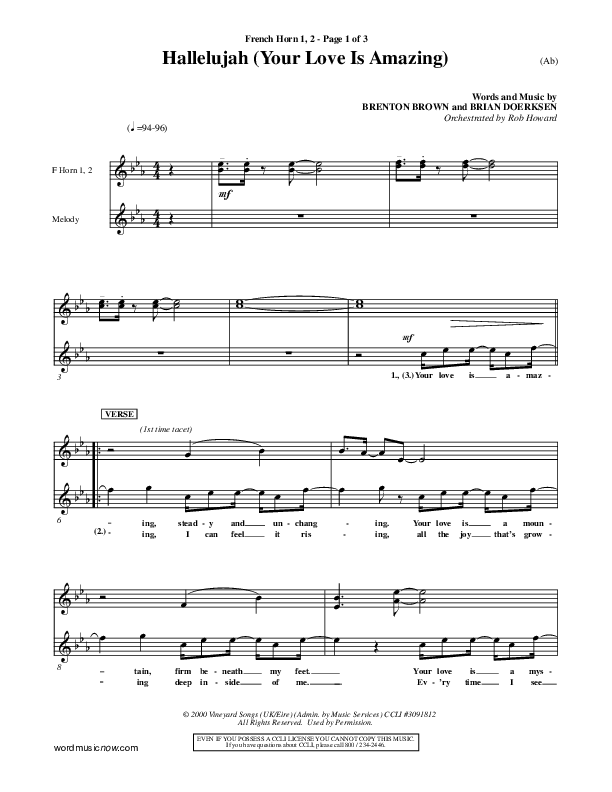 Hallelujah (Your Love Is Amazing) French Horn 1/2 (Brian Doerksen)