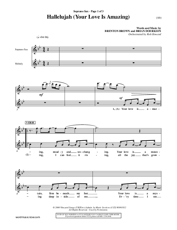 Hallelujah (Your Love Is Amazing) Soprano Sax (Brian Doerksen)