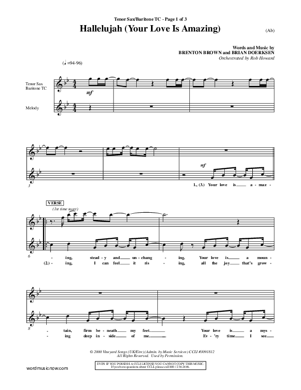 Hallelujah (Your Love Is Amazing) Tenor Sax/Baritone T.C. (Brian Doerksen)