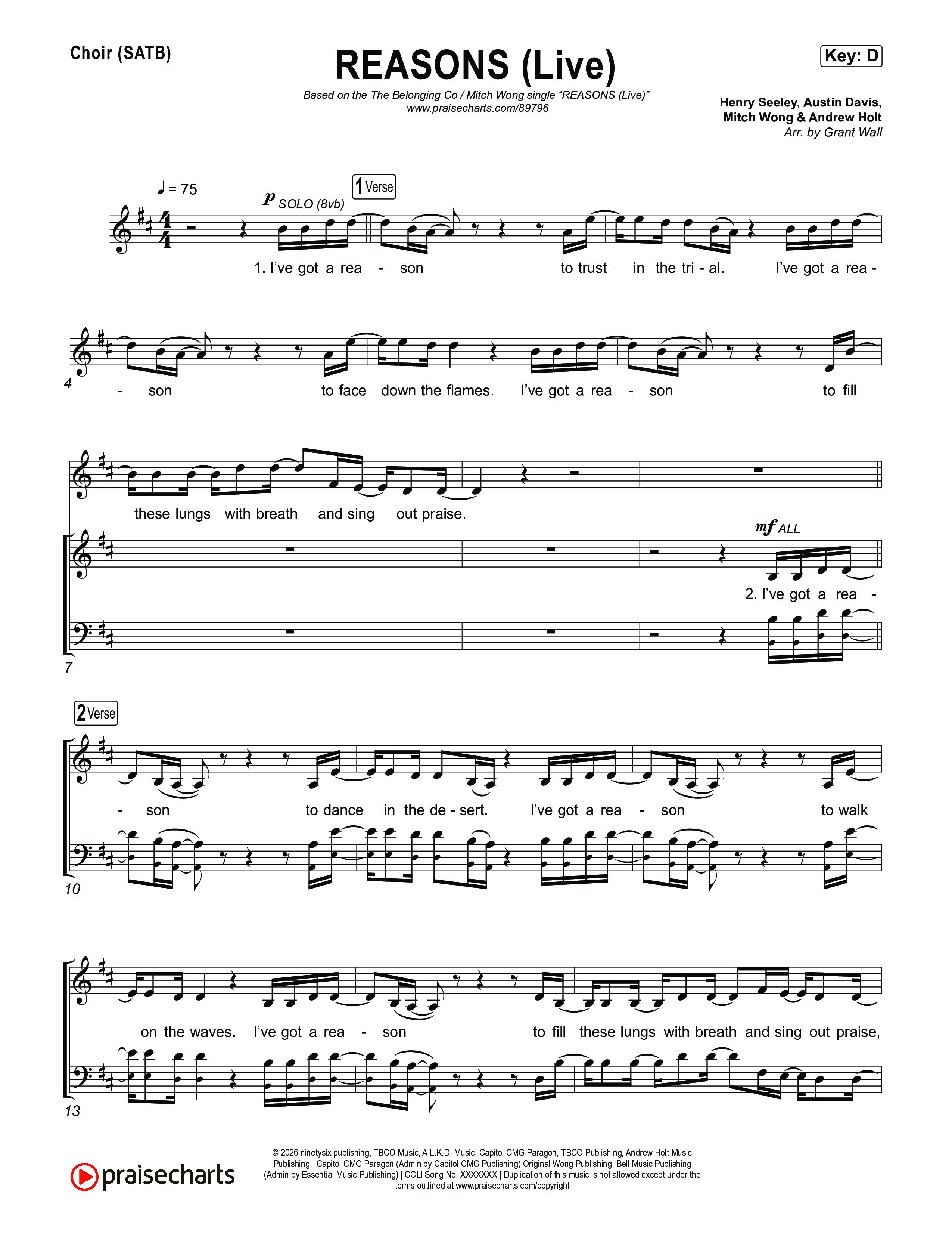 REASONS (Live) Choir Sheet (SATB) (The Belonging Co / Mitch Wong)