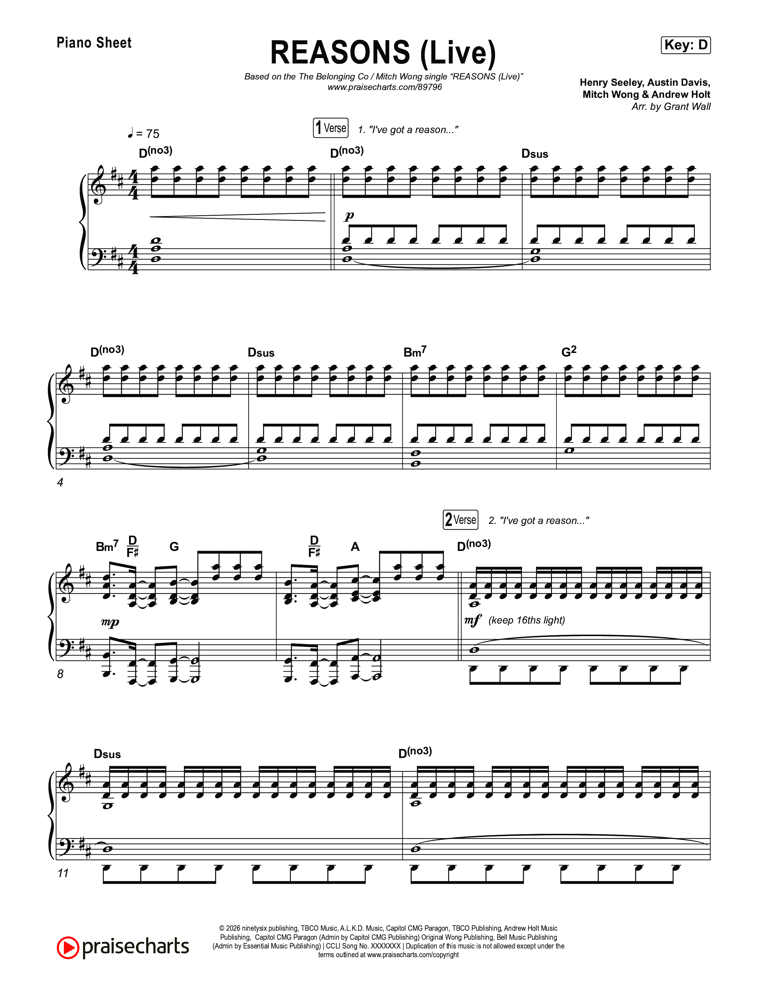 REASONS (Live) Piano Sheet (The Belonging Co / Mitch Wong)