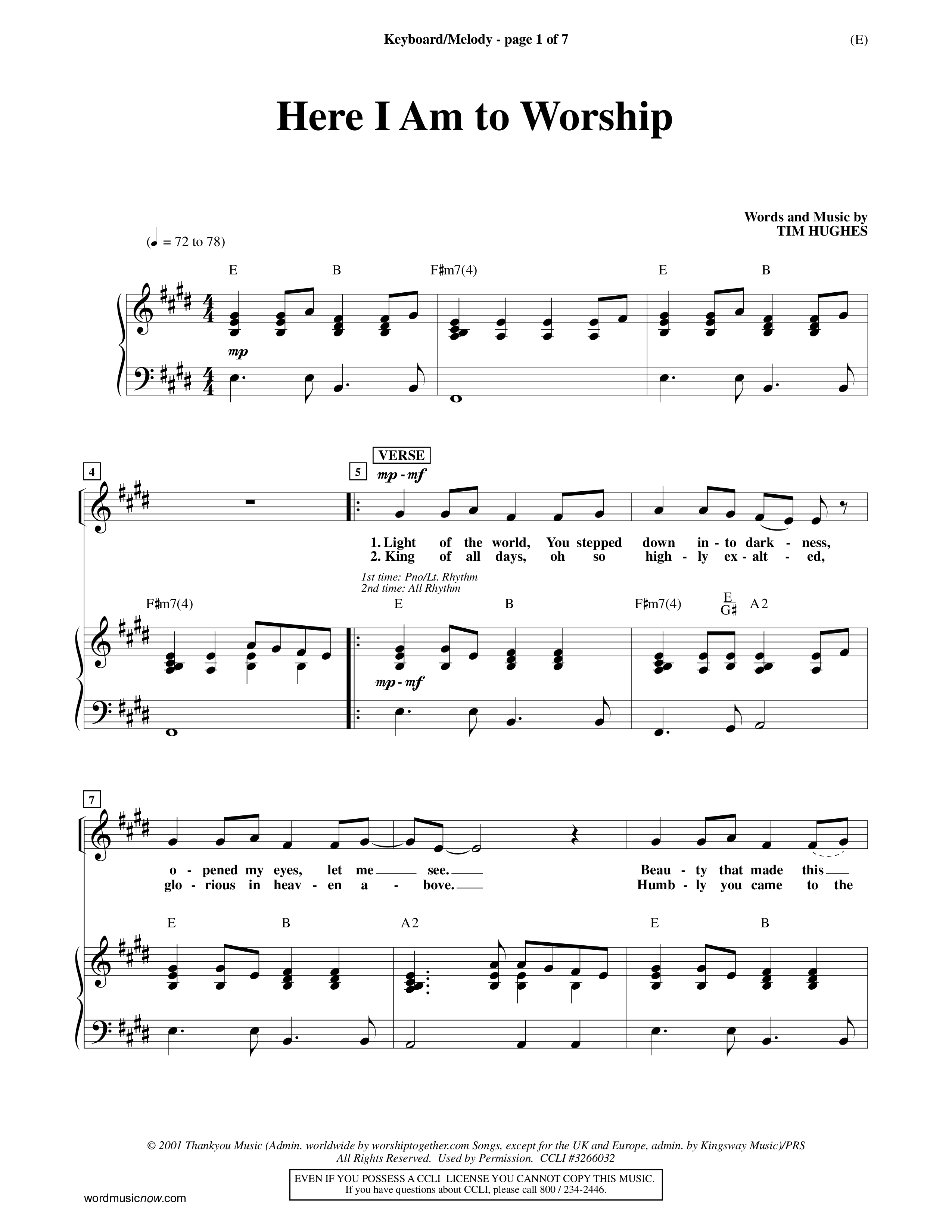 Here I Am To Worship Piano/Vocal (Tim Hughes)