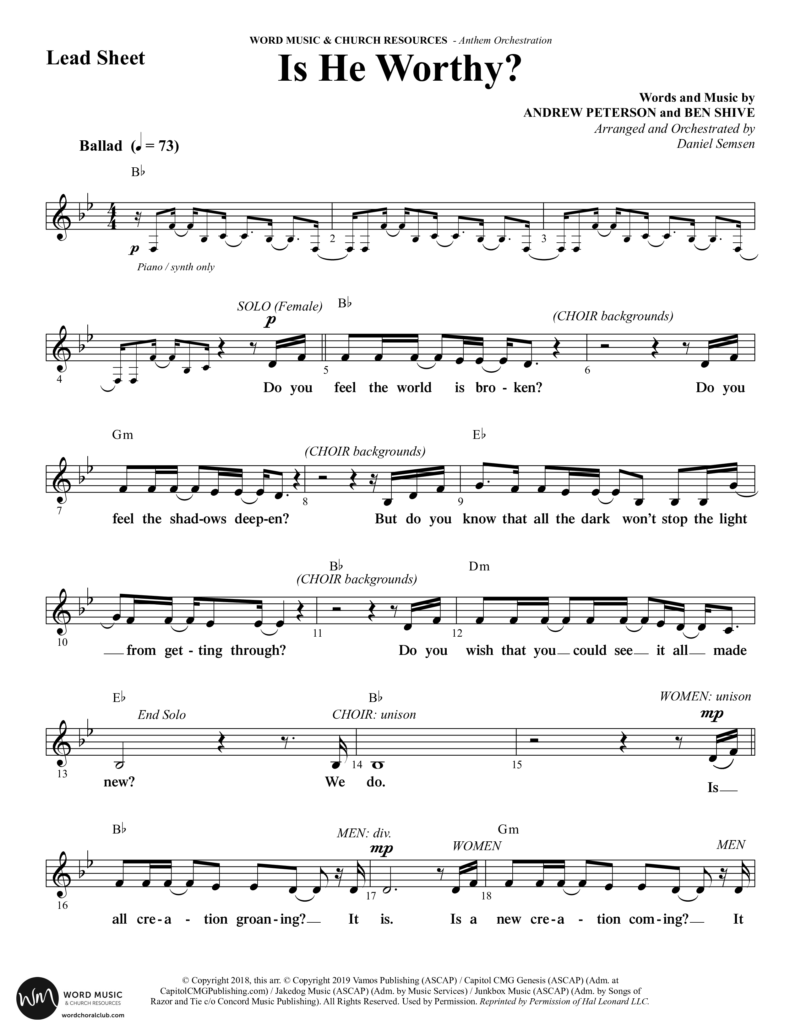 Is He Worthy (Choral Anthem SATB) Lead Sheet (Melody) (Word Music Choral / Arr. Daniel Semsen)