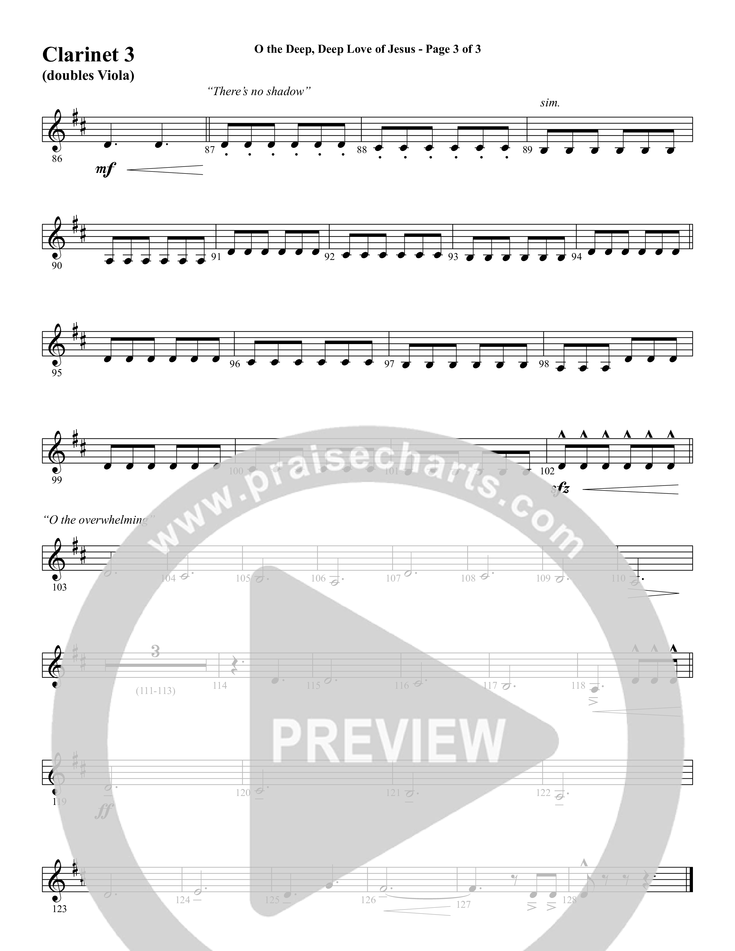 O the Deep Deep Love of Jesus (Choral Anthem SATB) Clarinet 3 (Word Music Choral / Arr. Cliff Duren)