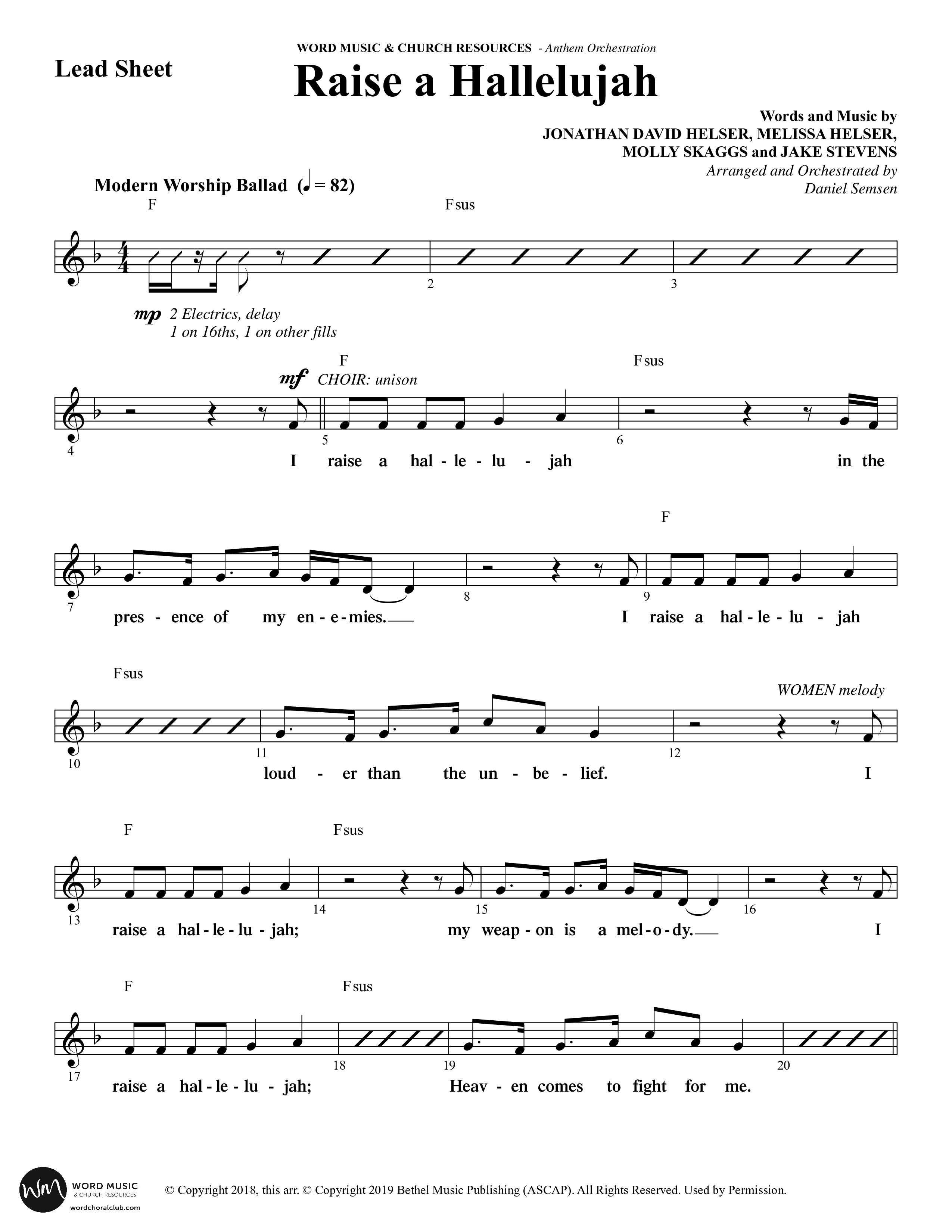Raise A Hallelujah (Choral Anthem SATB) Lead Sheet (Melody) (Word Music Choral / Arr. Daniel Semsen)