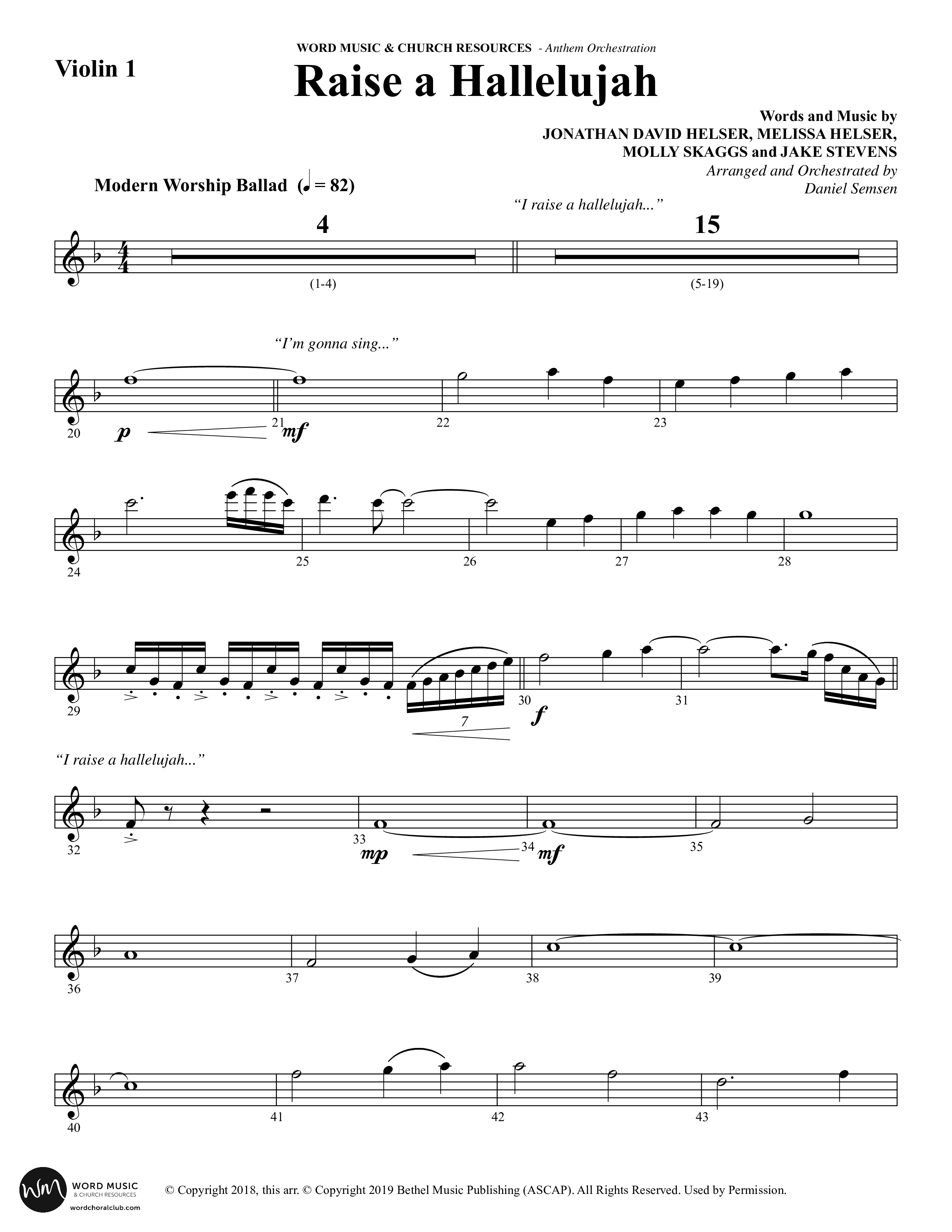 Raise A Hallelujah (Choral Anthem SATB) Violin 1/2 (Word Music Choral / Arr. Daniel Semsen)