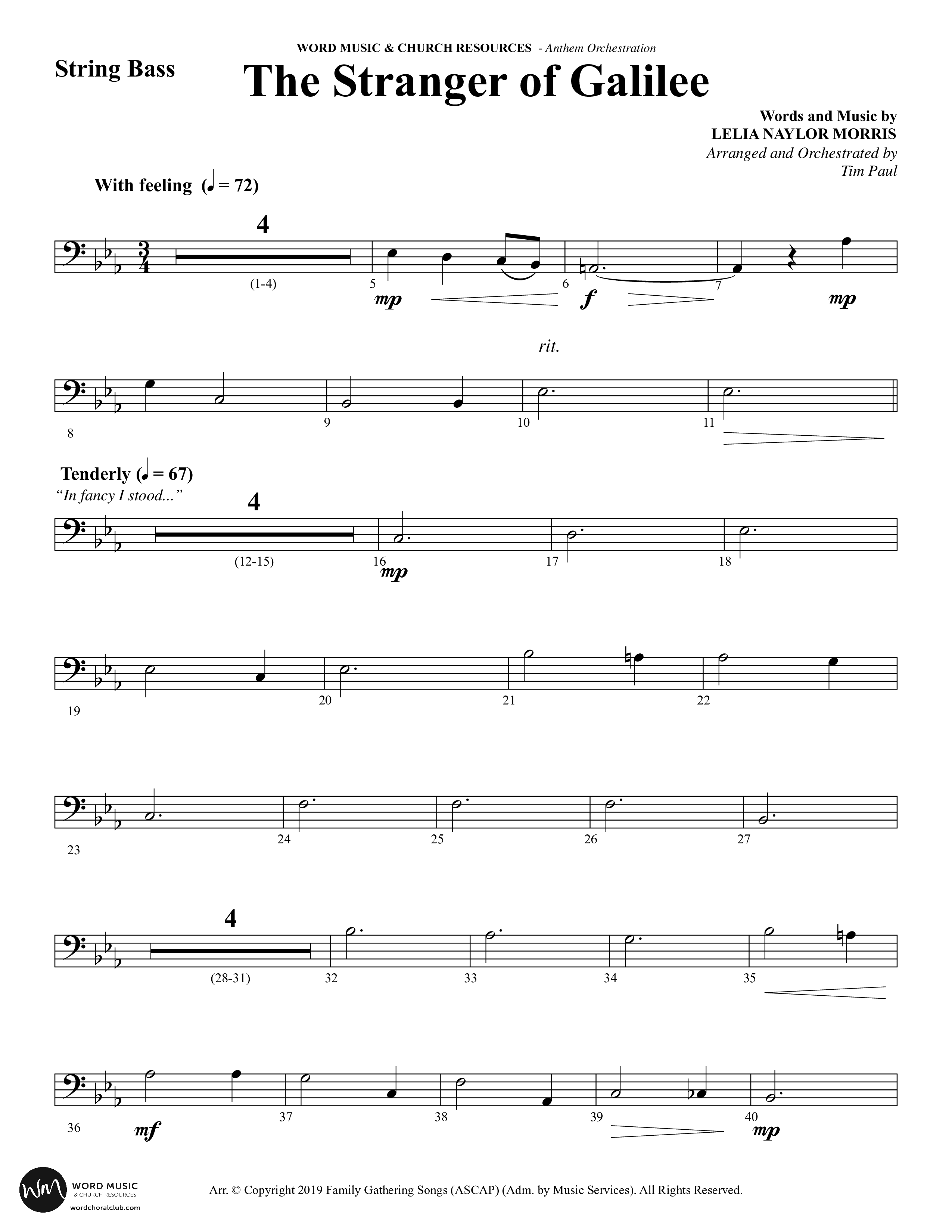 The Stranger Of Galilee (Choral Anthem SATB) String Bass (Word Music Choral / Arr. Tim Paul)