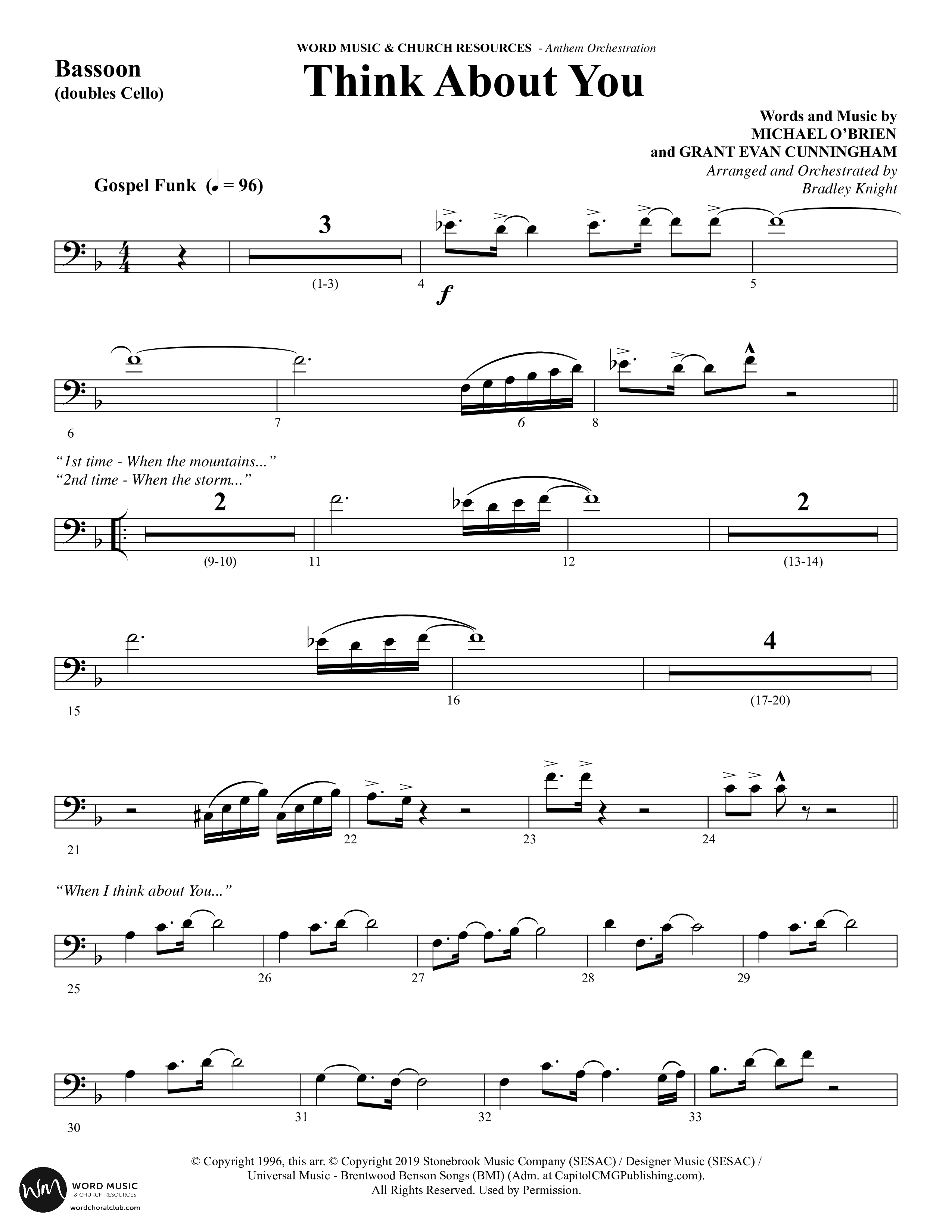Think About You (Choral Anthem SATB) Bassoon (Word Music Choral / Arr. Bradley Knight)