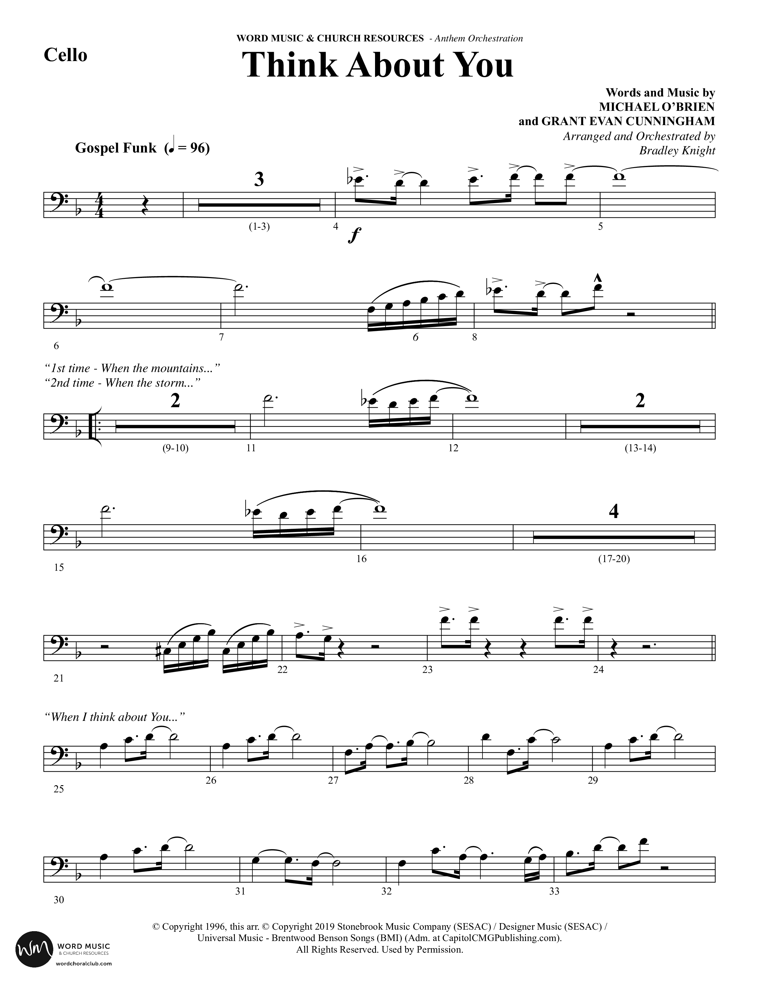 Think About You (Choral Anthem SATB) Cello (Word Music Choral / Arr. Bradley Knight)