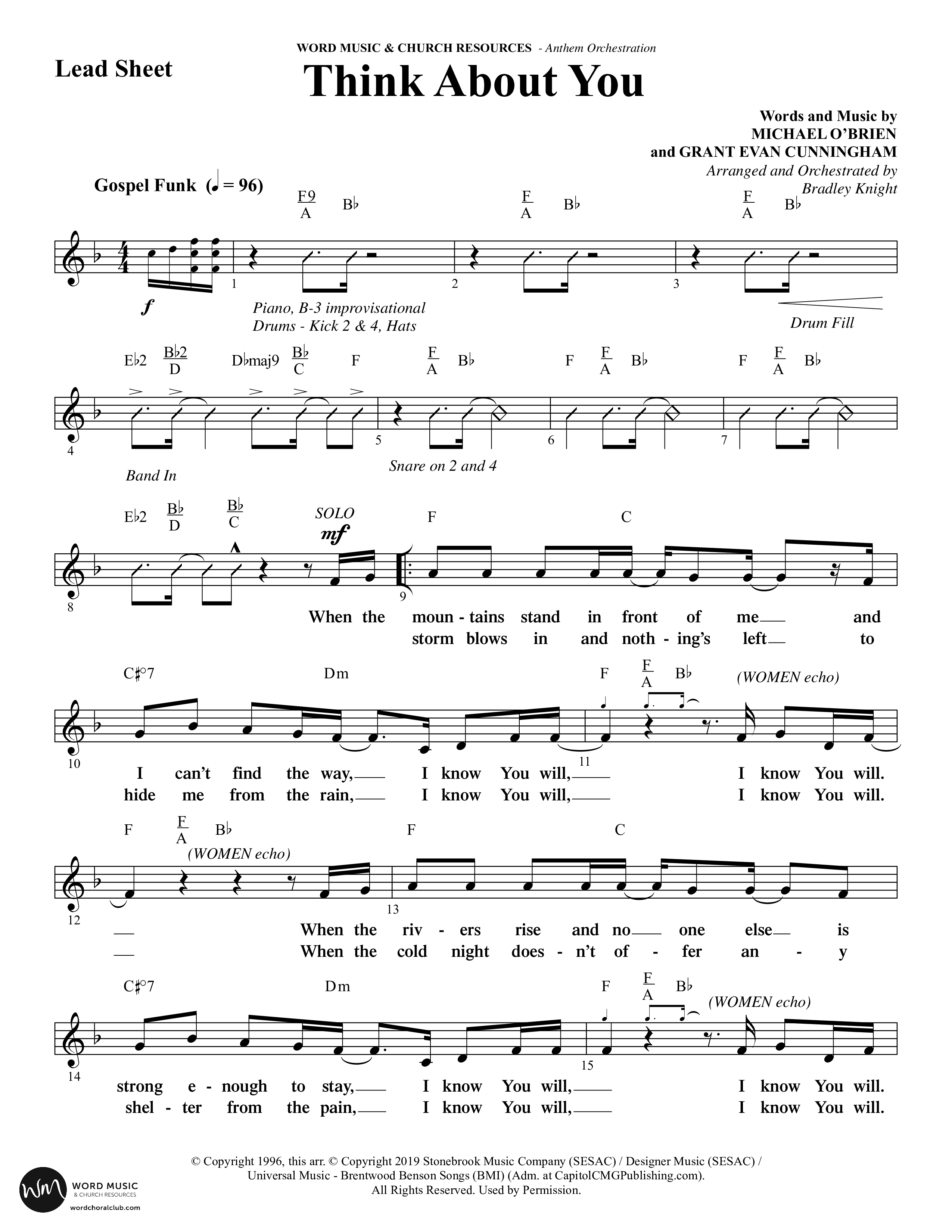 Think About You (Choral Anthem SATB) Lead Sheet (Melody) (Word Music Choral / Arr. Bradley Knight)