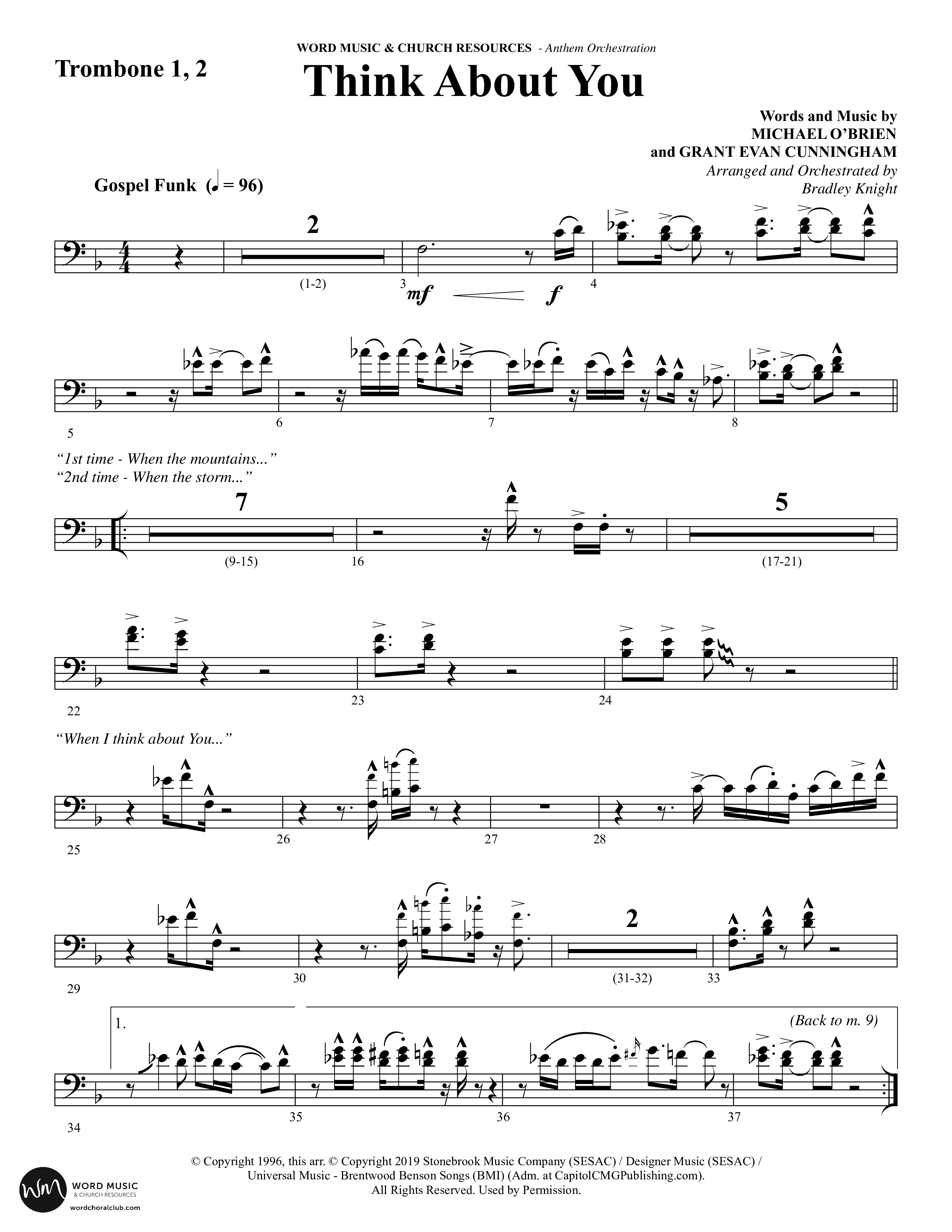 Think About You (Choral Anthem SATB) Trombone 1/2 (Word Music Choral / Arr. Bradley Knight)
