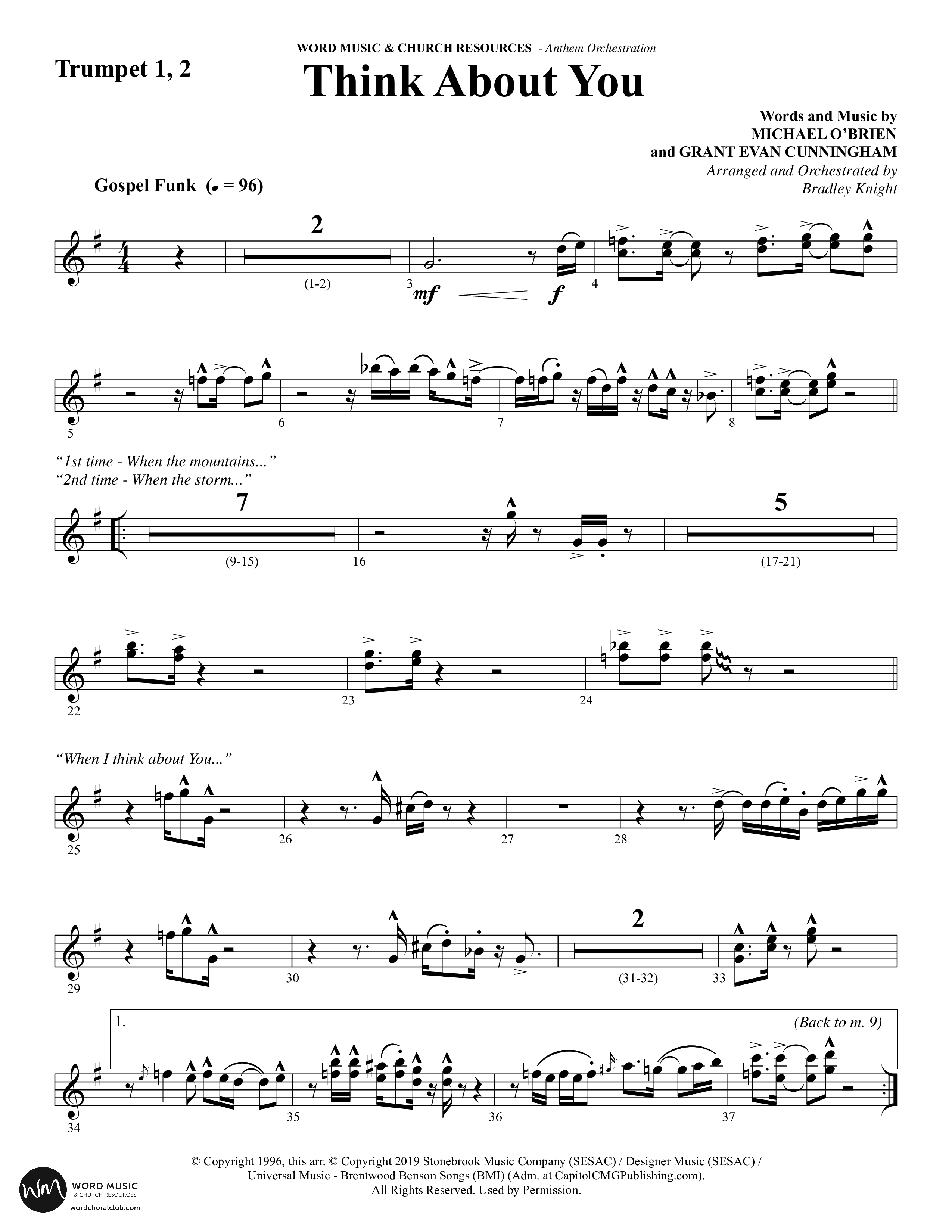 Think About You (Choral Anthem SATB) Trumpet 1,2 (Word Music Choral / Arr. Bradley Knight)