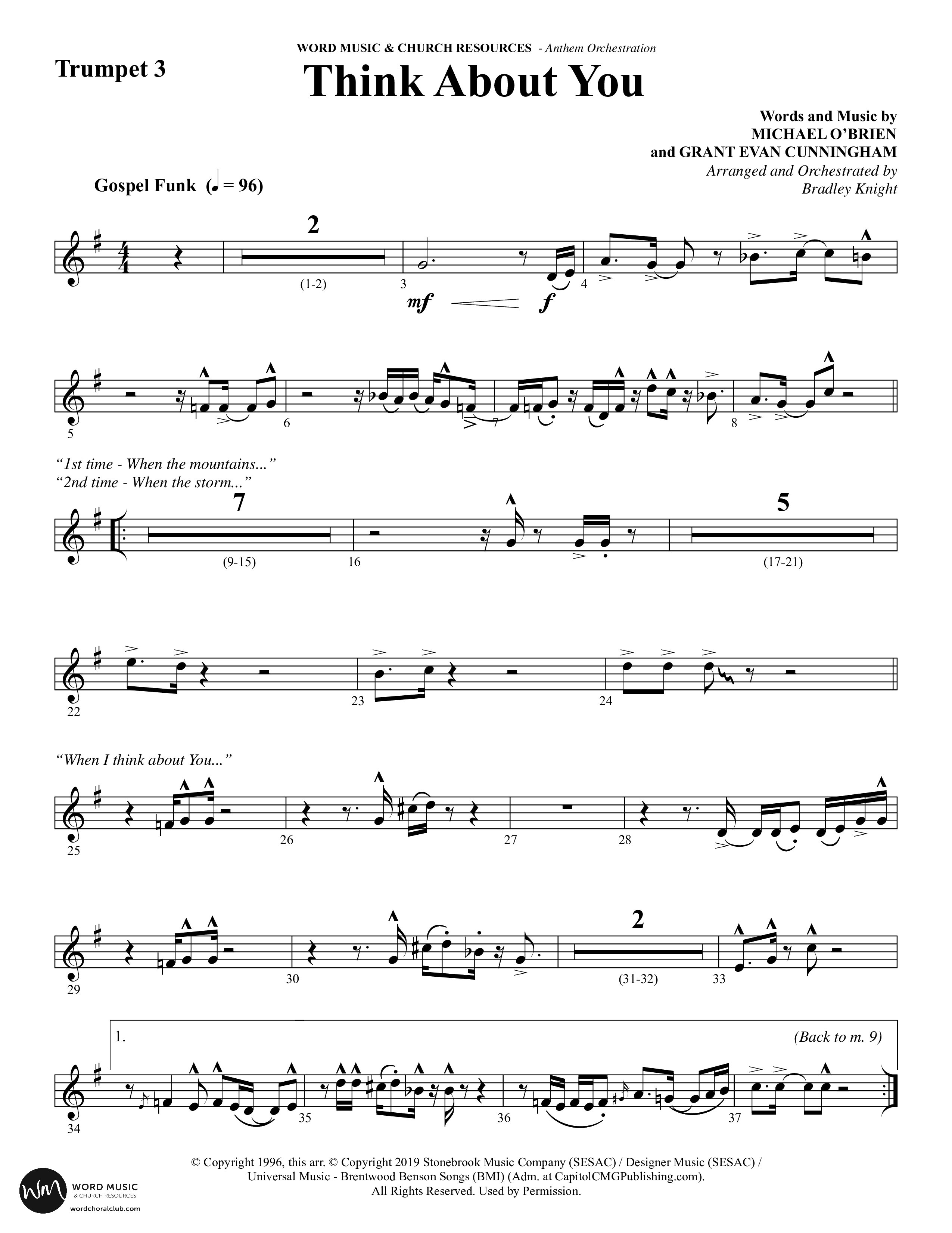 Think About You (Choral Anthem SATB) Trumpet 3 (Word Music Choral / Arr. Bradley Knight)