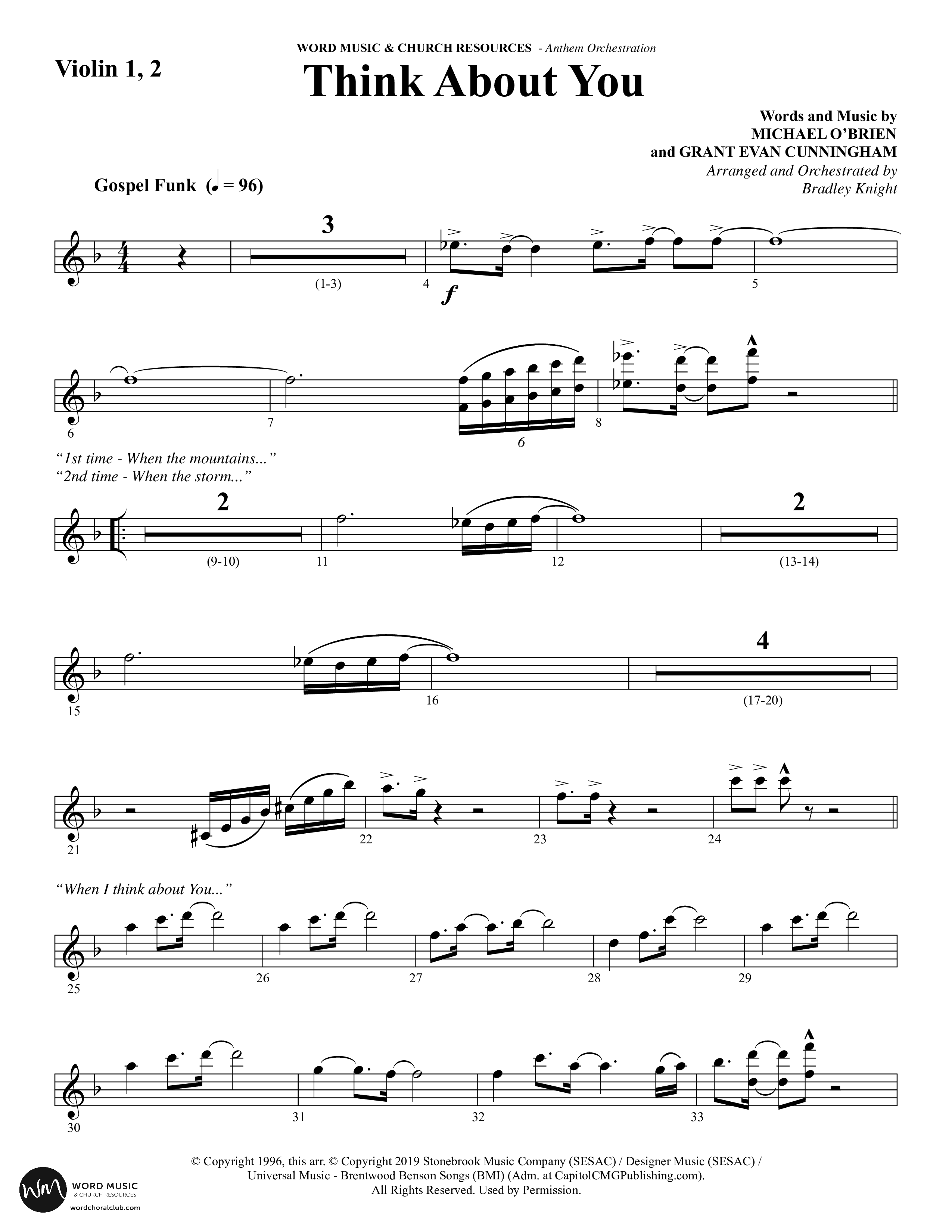 Think About You (Choral Anthem SATB) Violin 1/2 (Word Music Choral / Arr. Bradley Knight)