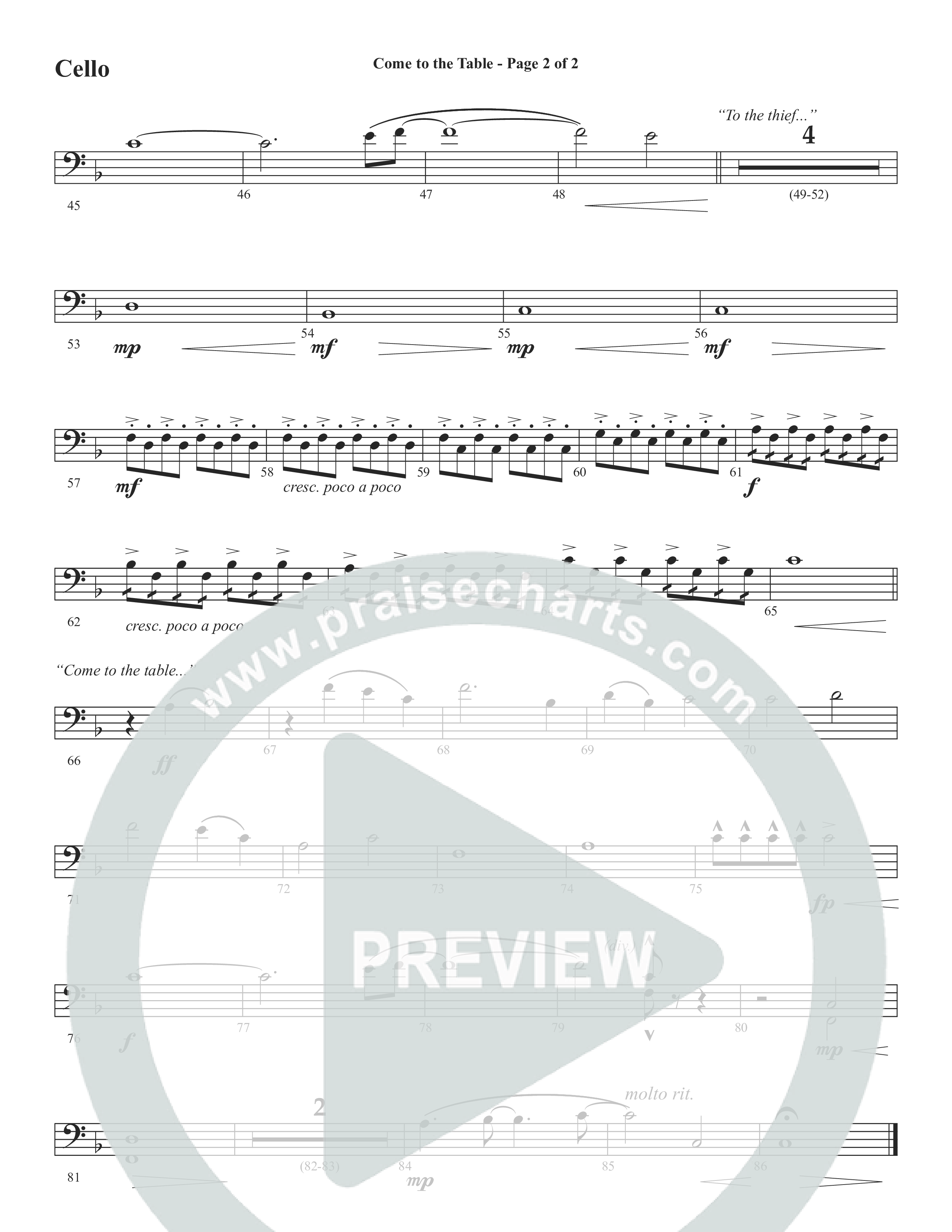Come To The Table (Choral Anthem SATB) Cello (Word Music Choral / Arr. David Wise / Orch. David Shipps)
