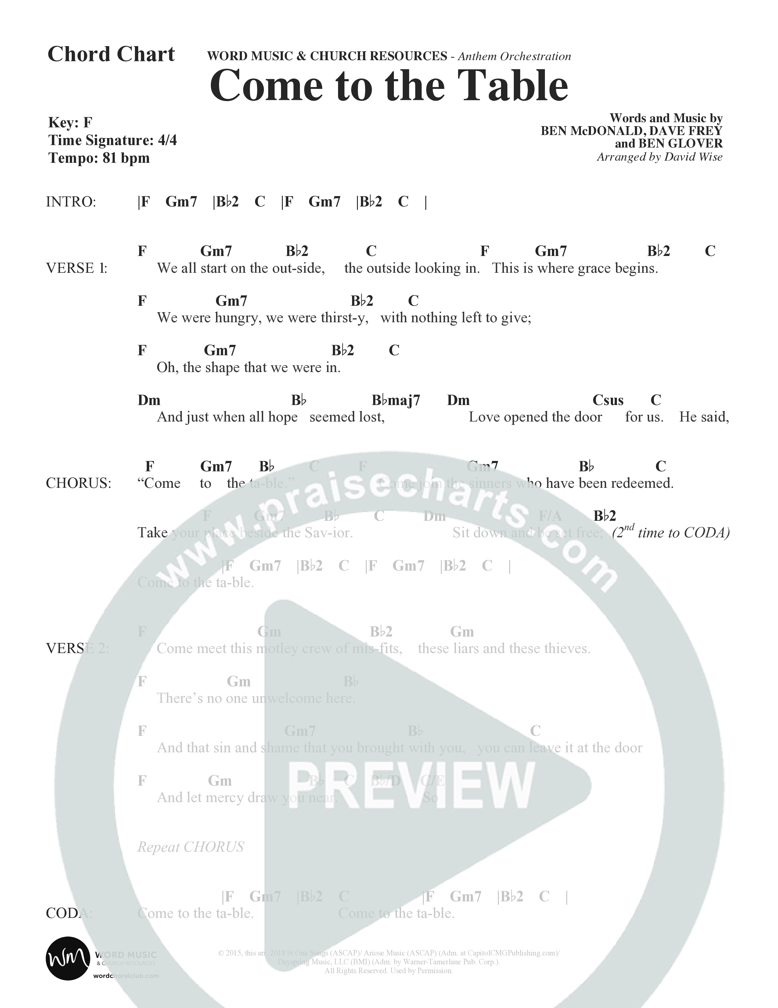 Come To The Table (Choral Anthem SATB) Chord Chart (Word Music Choral / Arr. David Wise / Orch. David Shipps)