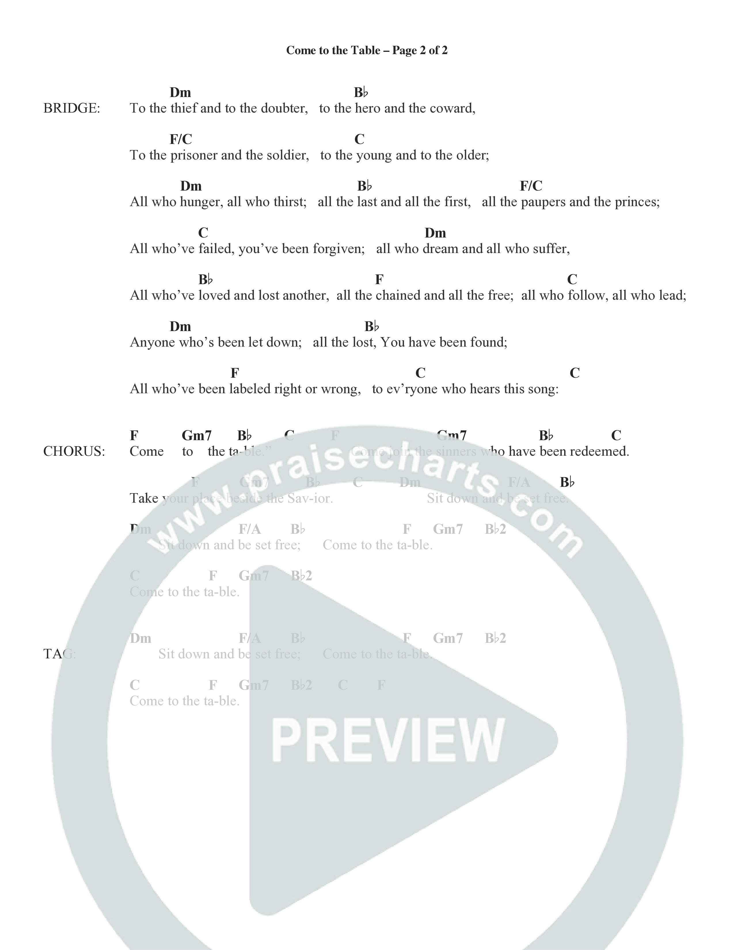 Come To The Table (Choral Anthem SATB) Chord Chart (Word Music Choral / Arr. David Wise / Orch. David Shipps)