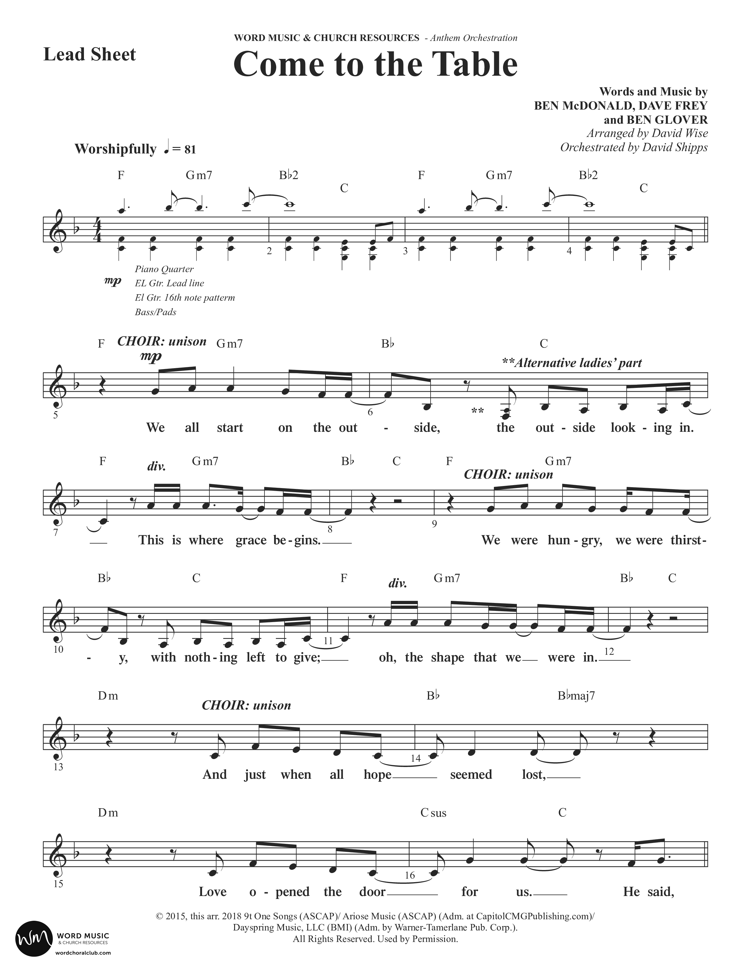 Come To The Table (Choral Anthem SATB) Lead Sheet (Melody) (Word Music Choral / Arr. David Wise / Orch. David Shipps)