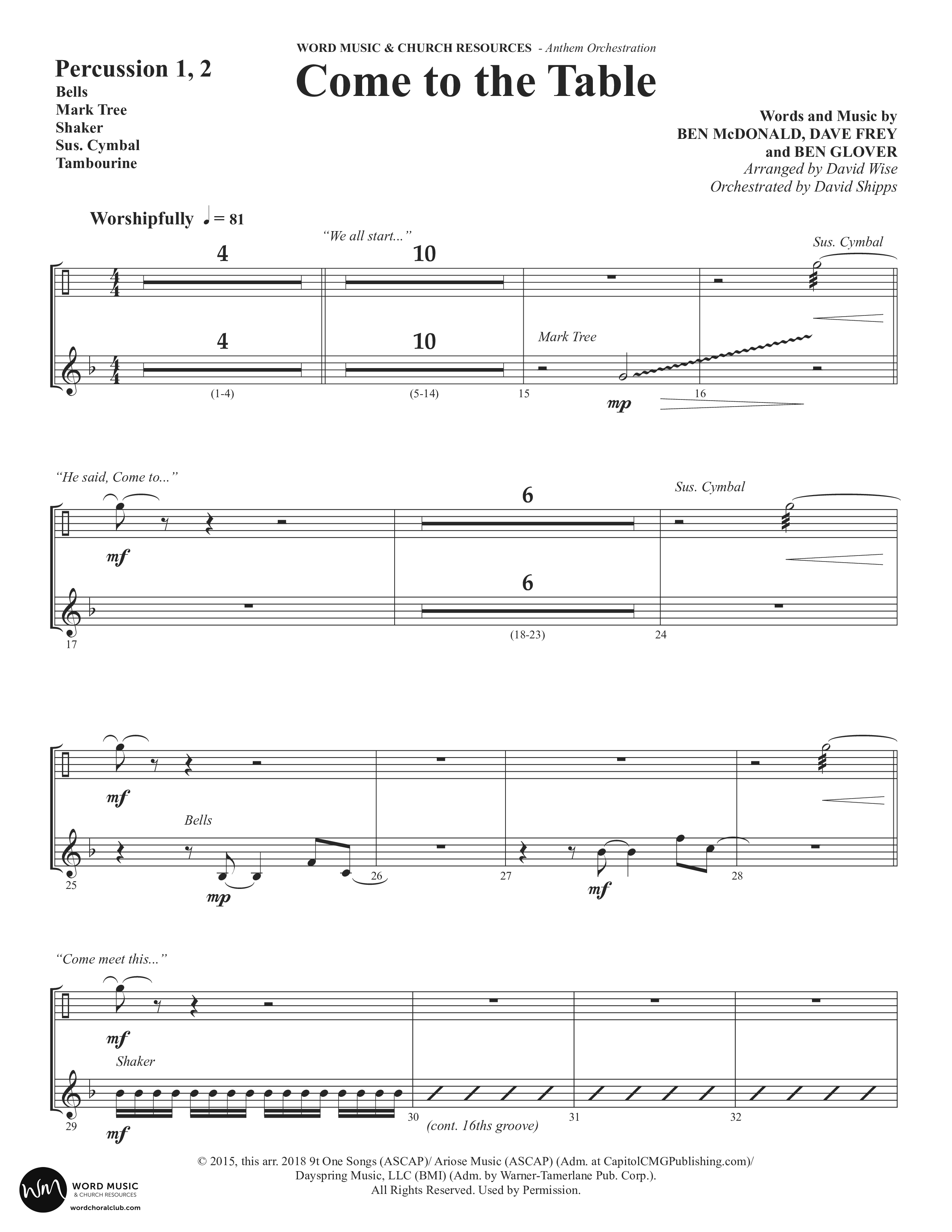 Come To The Table (Choral Anthem SATB) Percussion 1/2 (Word Music Choral / Arr. David Wise / Orch. David Shipps)