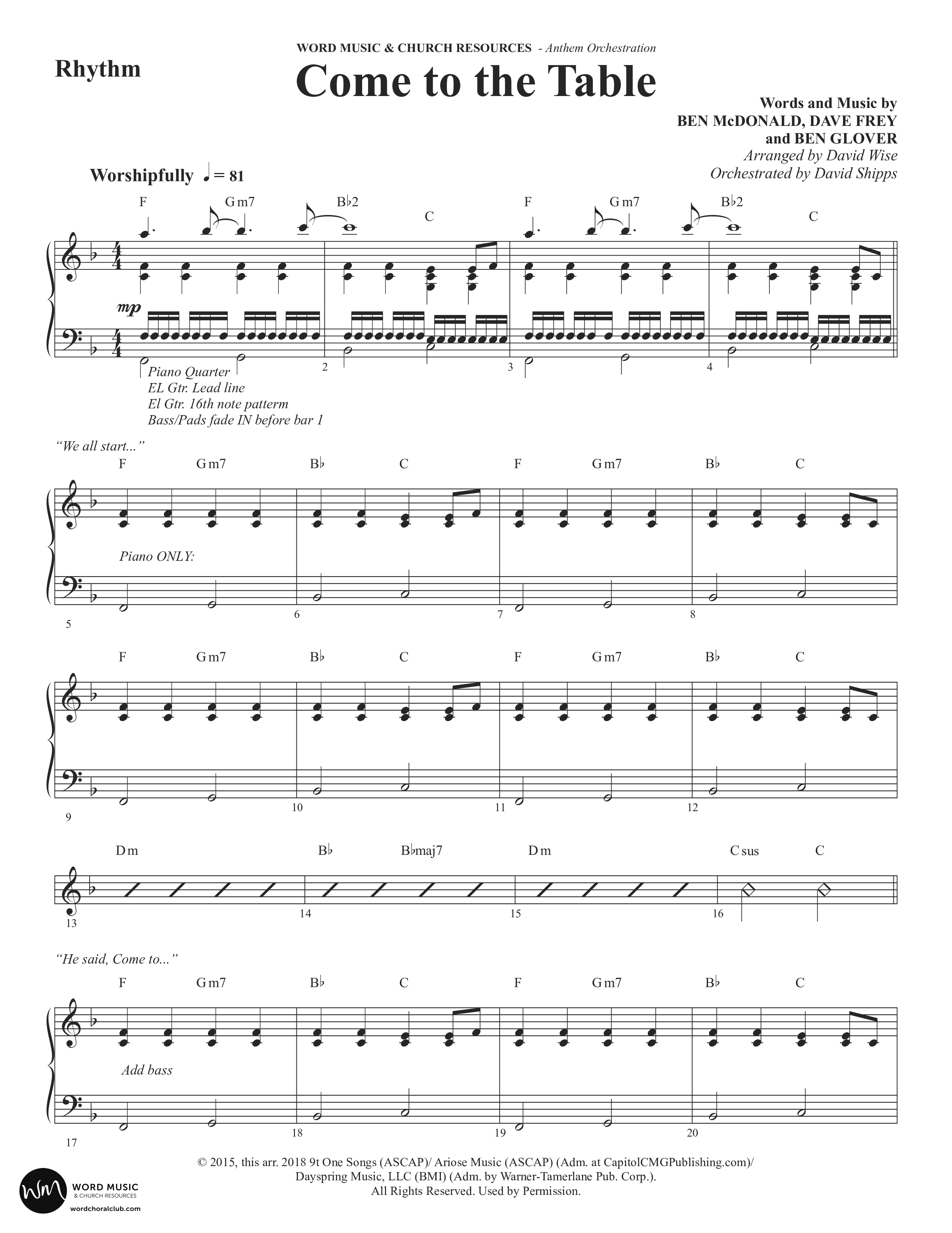 Come To The Table (Choral Anthem SATB) Rhythm Chart (Word Music Choral / Arr. David Wise / Orch. David Shipps)