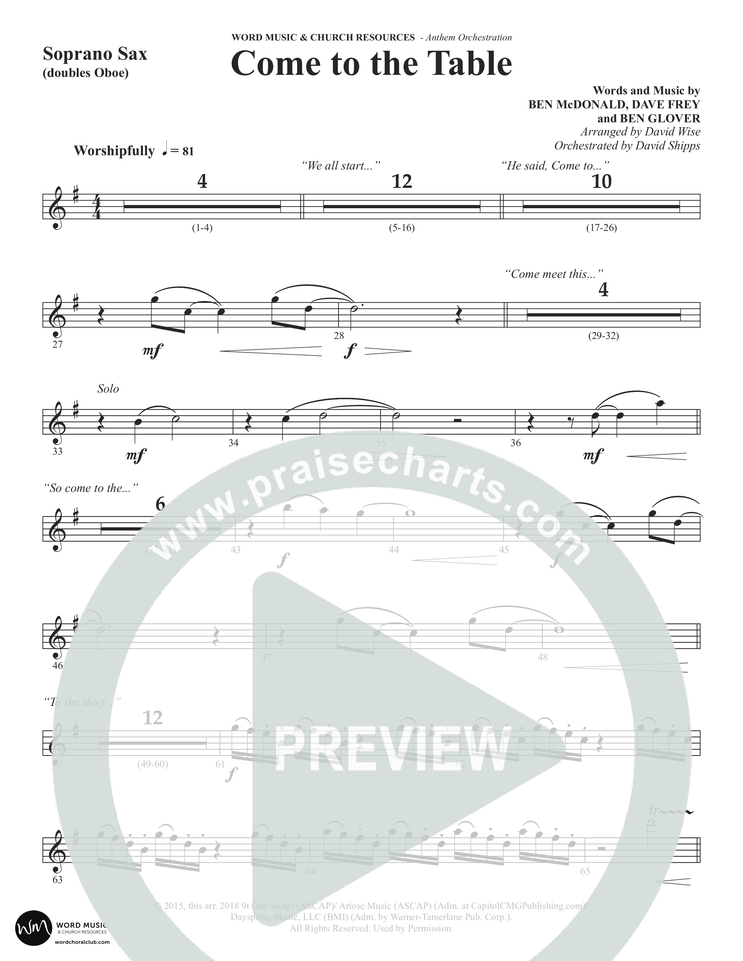 Come To The Table (Choral Anthem SATB) Soprano Sax (Word Music Choral / Arr. David Wise / Orch. David Shipps)