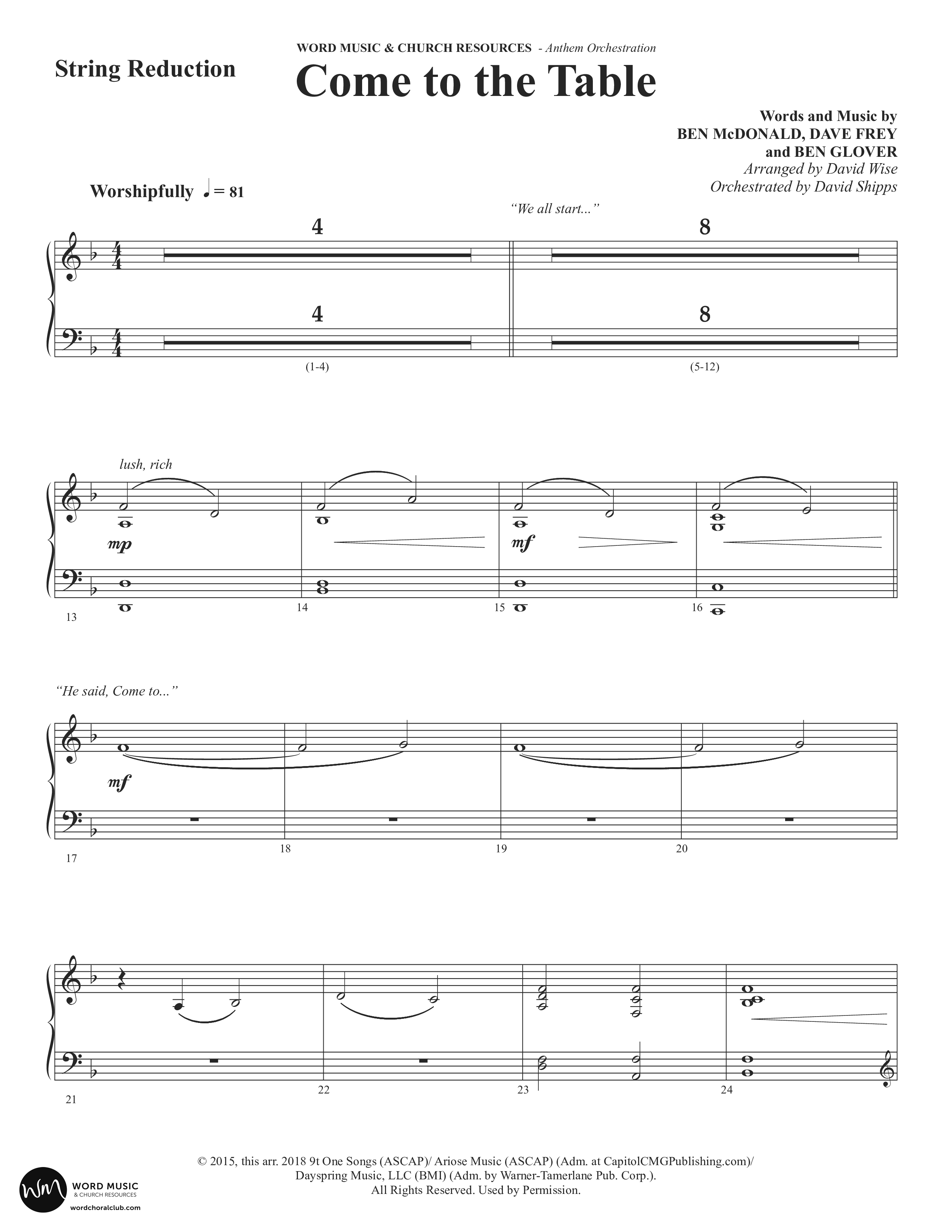 Come To The Table (Choral Anthem SATB) String Reduction (Word Music Choral / Arr. David Wise / Orch. David Shipps)