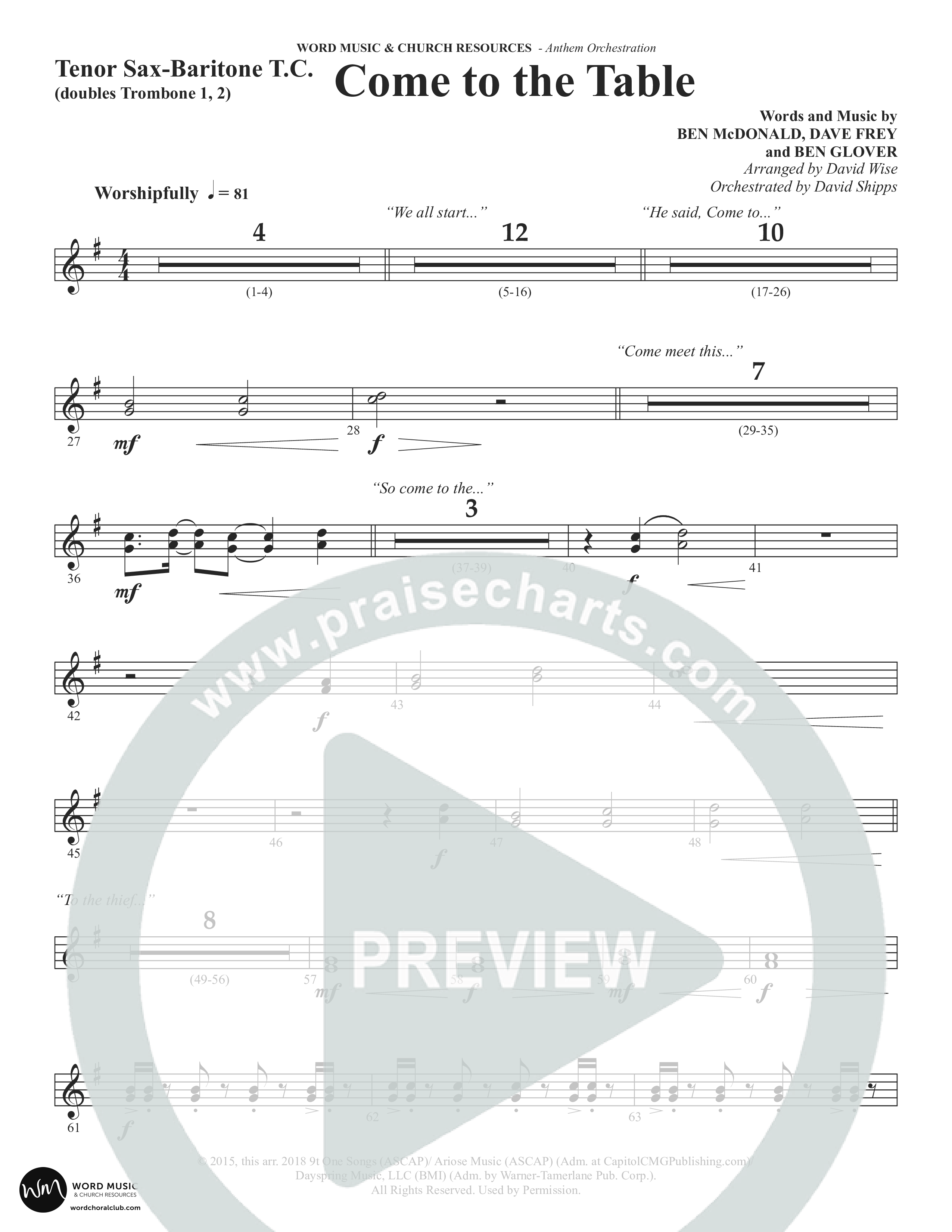 Come To The Table (Choral Anthem SATB) Tenor Sax/Baritone T.C. (Word Music Choral / Arr. David Wise / Orch. David Shipps)