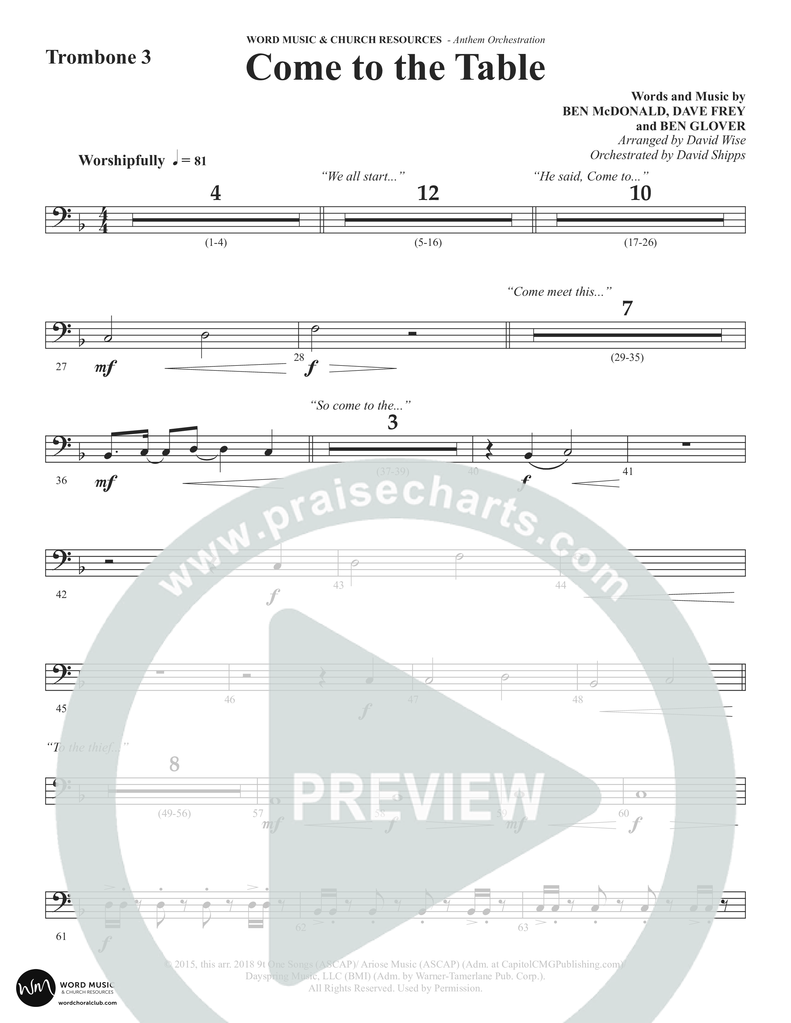 Come To The Table (Choral Anthem SATB) Trombone 3 (Word Music Choral / Arr. David Wise / Orch. David Shipps)