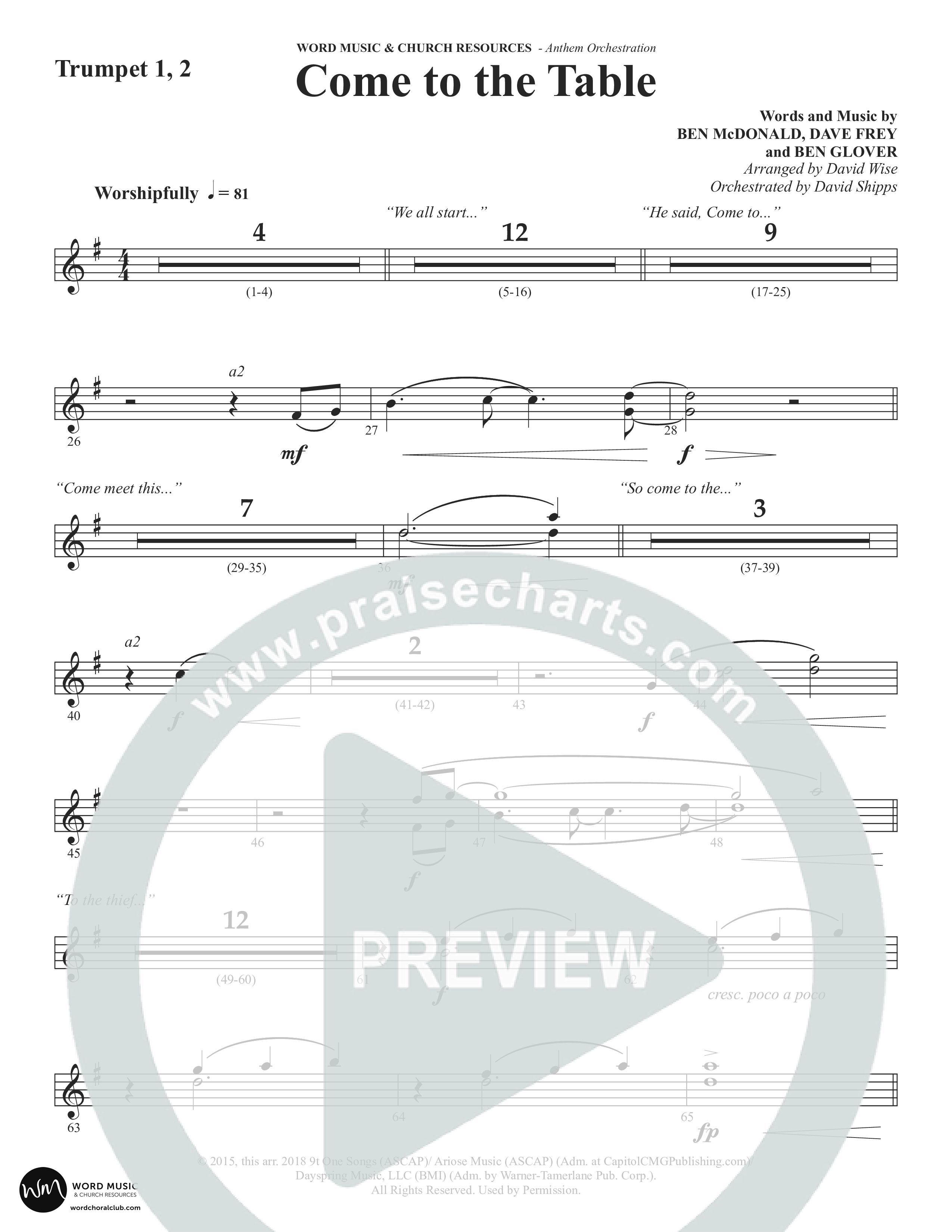 Come To The Table (Choral Anthem SATB) Trumpet 1,2 (Word Music Choral / Arr. David Wise / Orch. David Shipps)