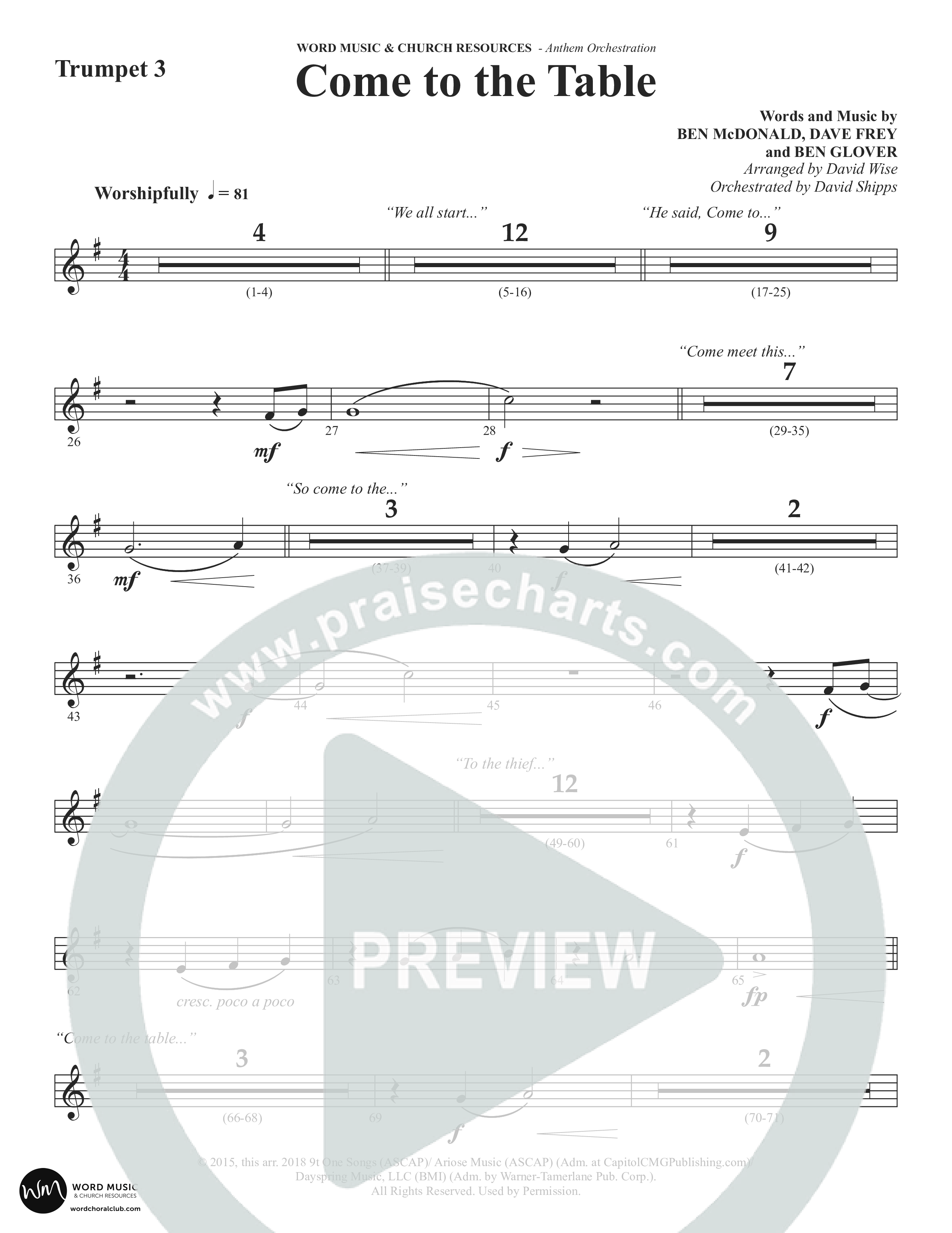 Come To The Table (Choral Anthem SATB) Trumpet 3 (Word Music Choral / Arr. David Wise / Orch. David Shipps)