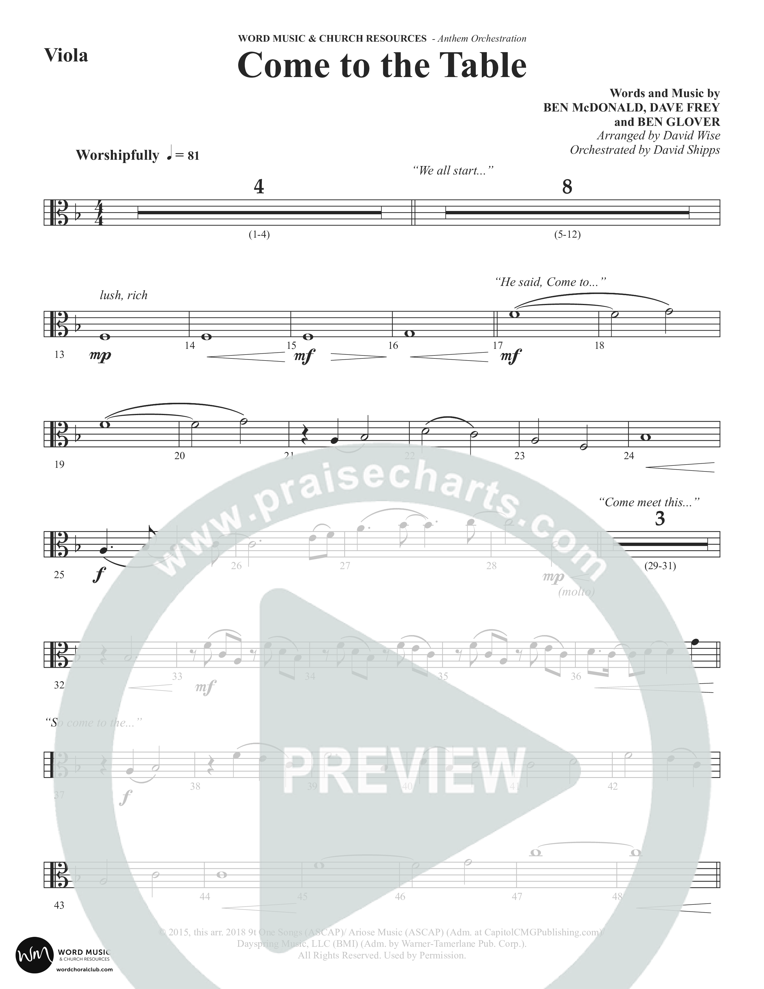 Come To The Table (Choral Anthem SATB) Viola (Word Music Choral / Arr. David Wise / Orch. David Shipps)