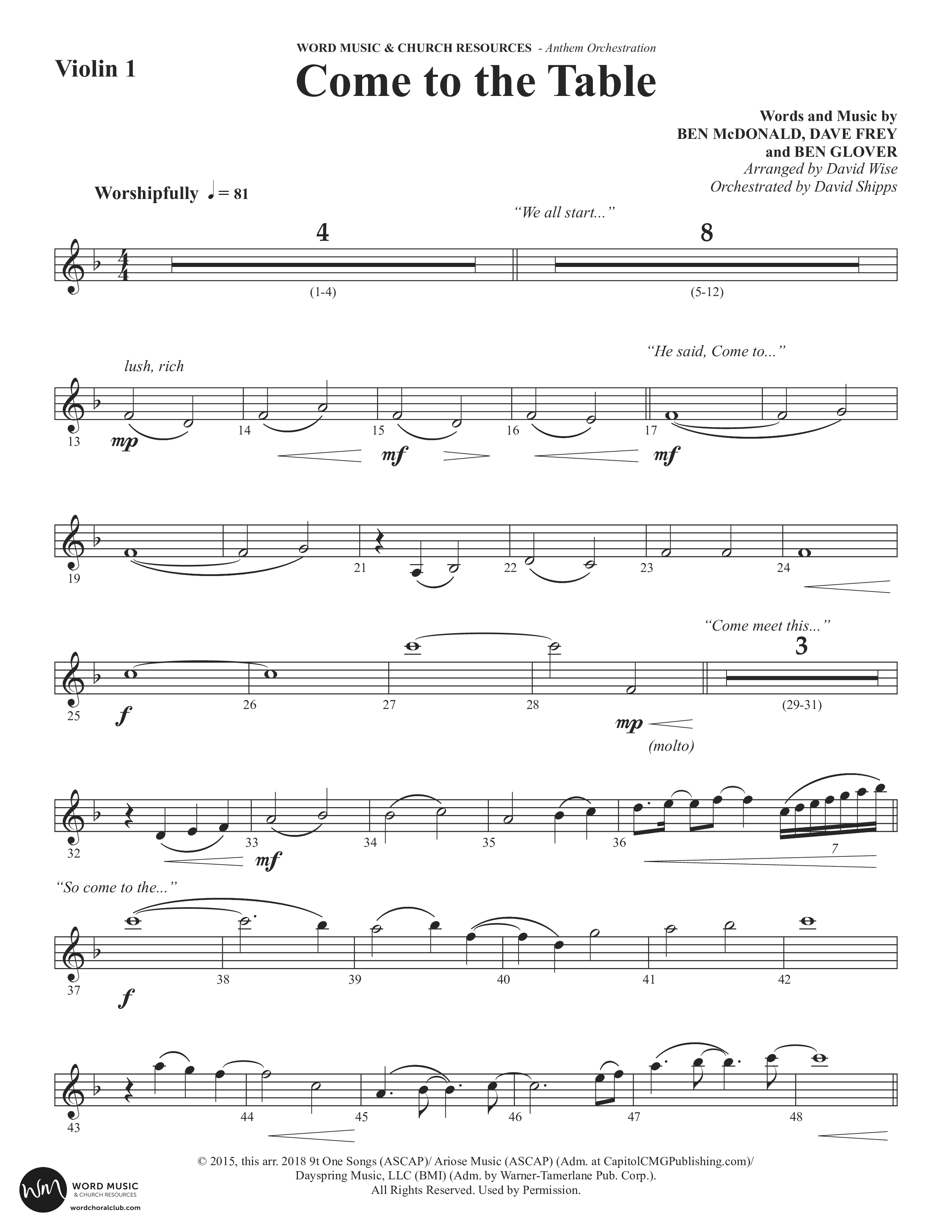 Come To The Table (Choral Anthem SATB) Violin 1/2 (Word Music Choral / Arr. David Wise / Orch. David Shipps)