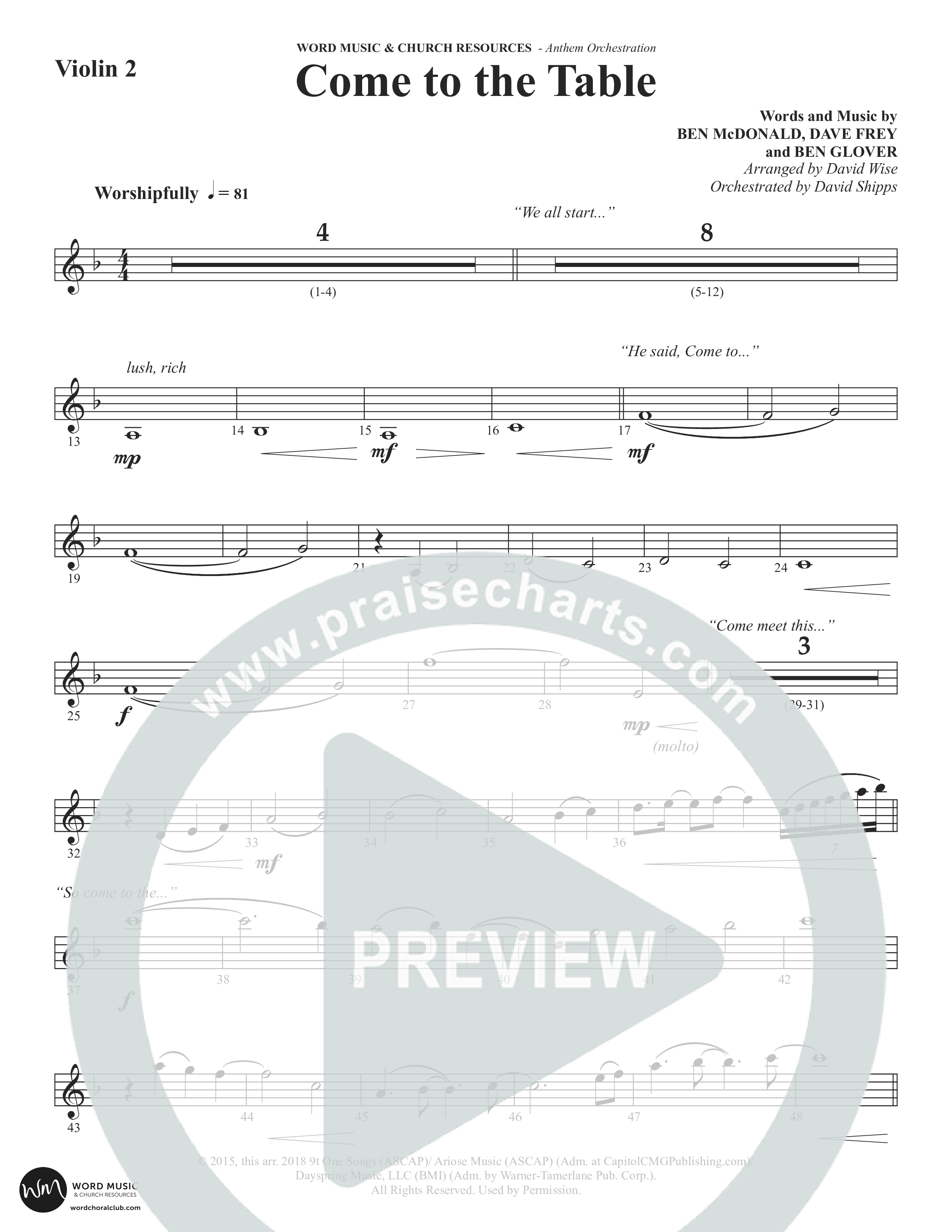 Come To The Table (Choral Anthem SATB) Violin 1/2 (Word Music Choral / Arr. David Wise / Orch. David Shipps)