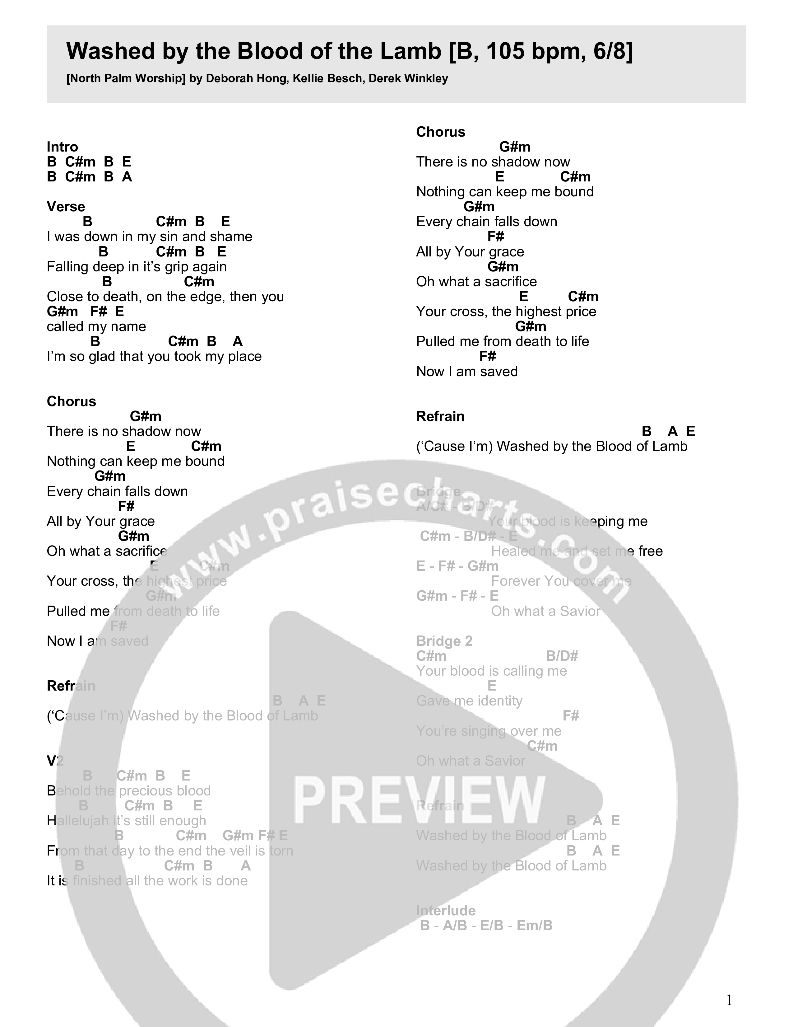 Washed By The Blood Of The Lamb Chord Chart (North Palm Worship)