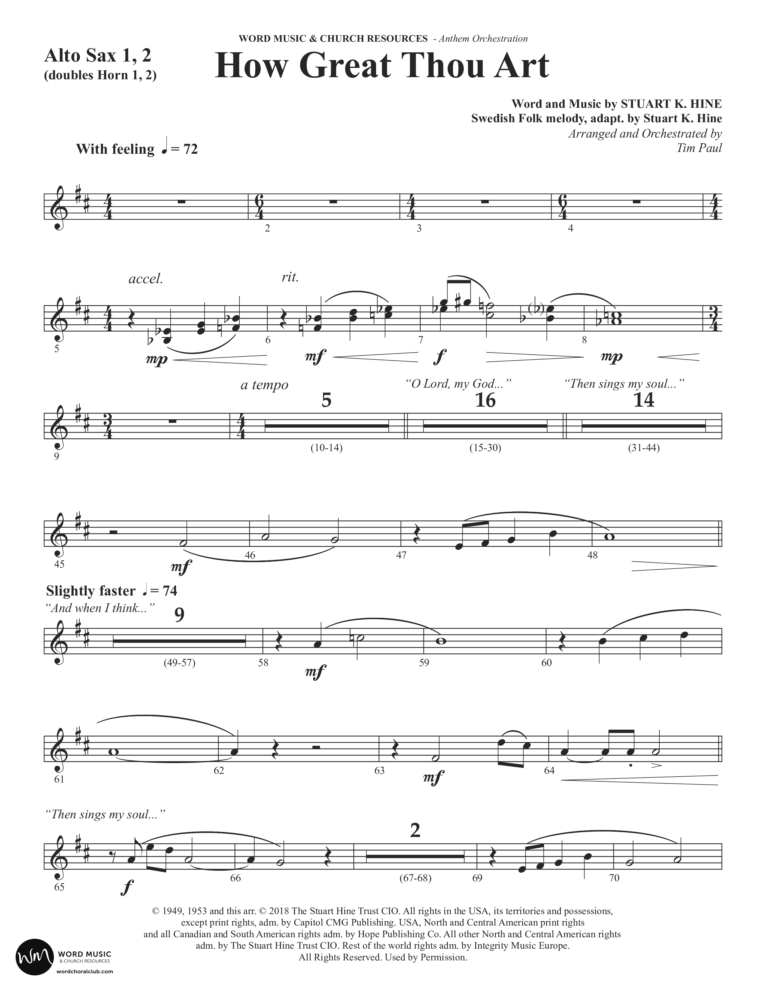How Great Thou Art (Choral Anthem SATB) Alto Sax 1/2 (Word Music Choral / Arr. Tim Paul)