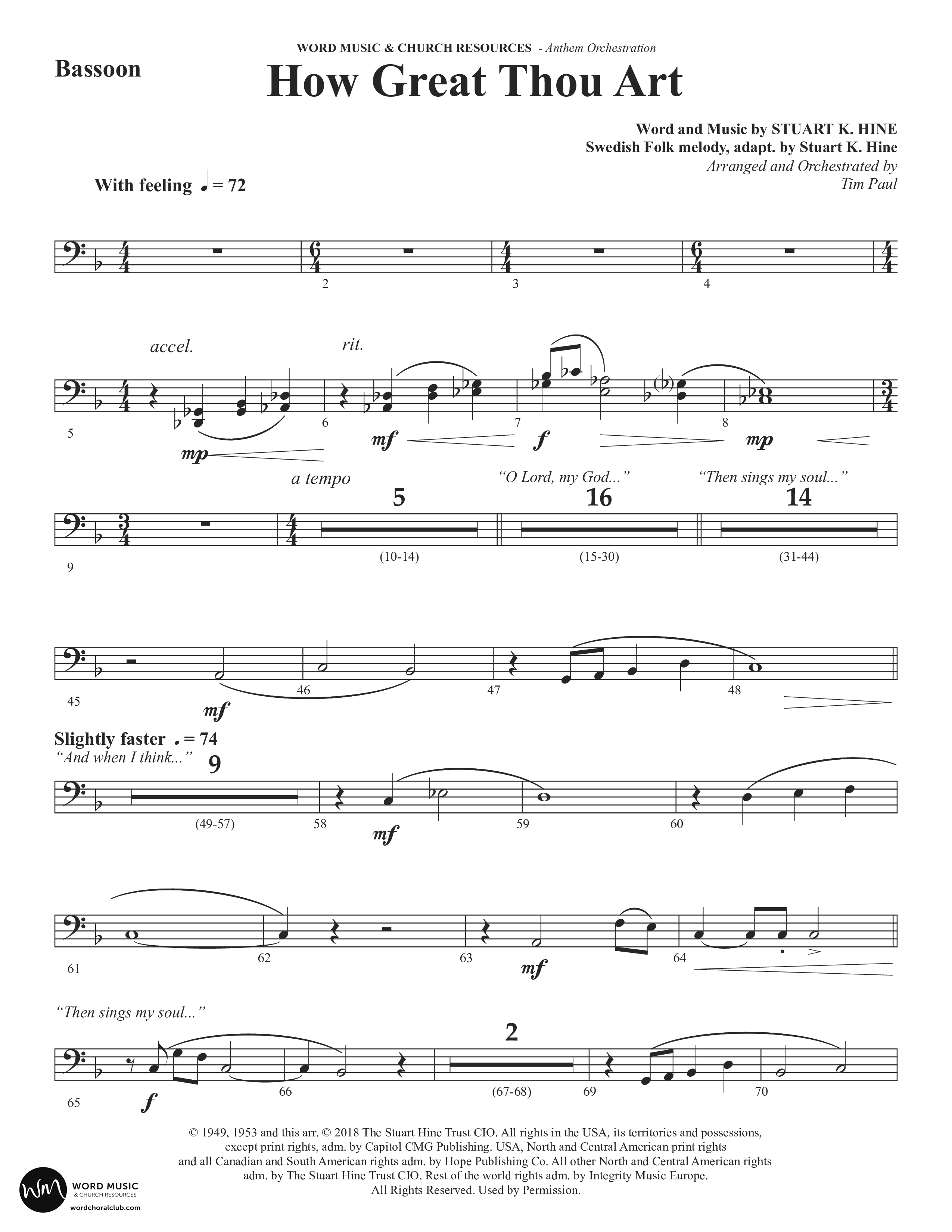 How Great Thou Art (Choral Anthem SATB) Bassoon (Word Music Choral / Arr. Tim Paul)