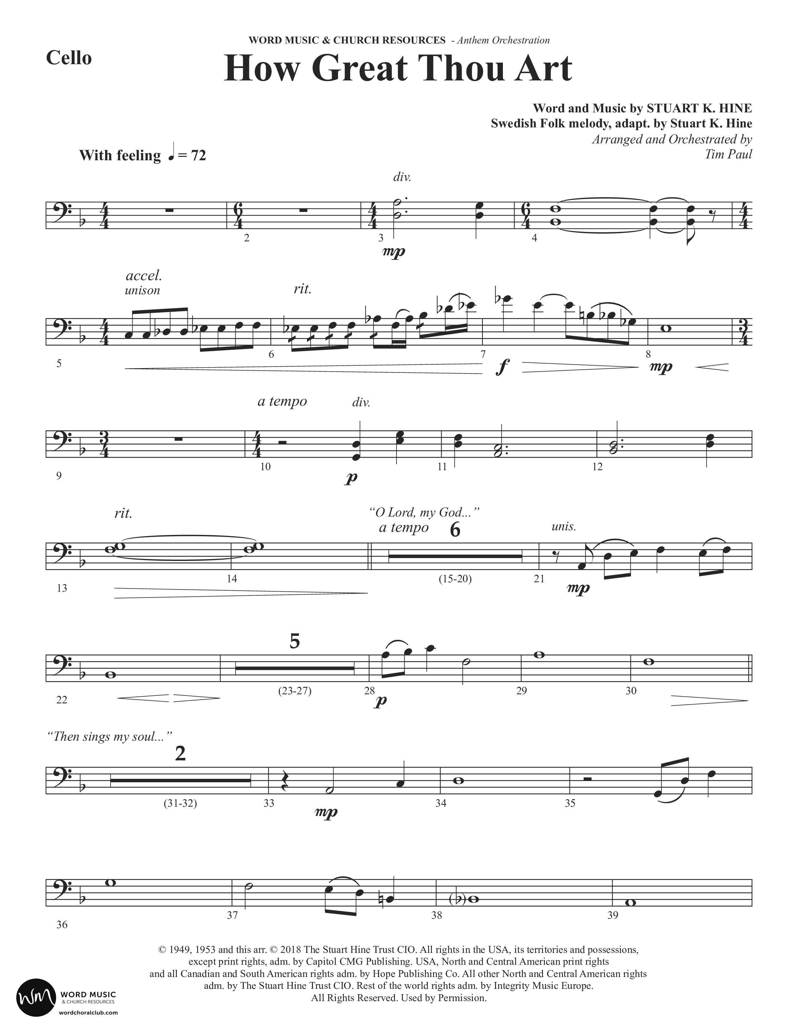 How Great Thou Art (Choral Anthem SATB) Cello (Word Music Choral / Arr. Tim Paul)