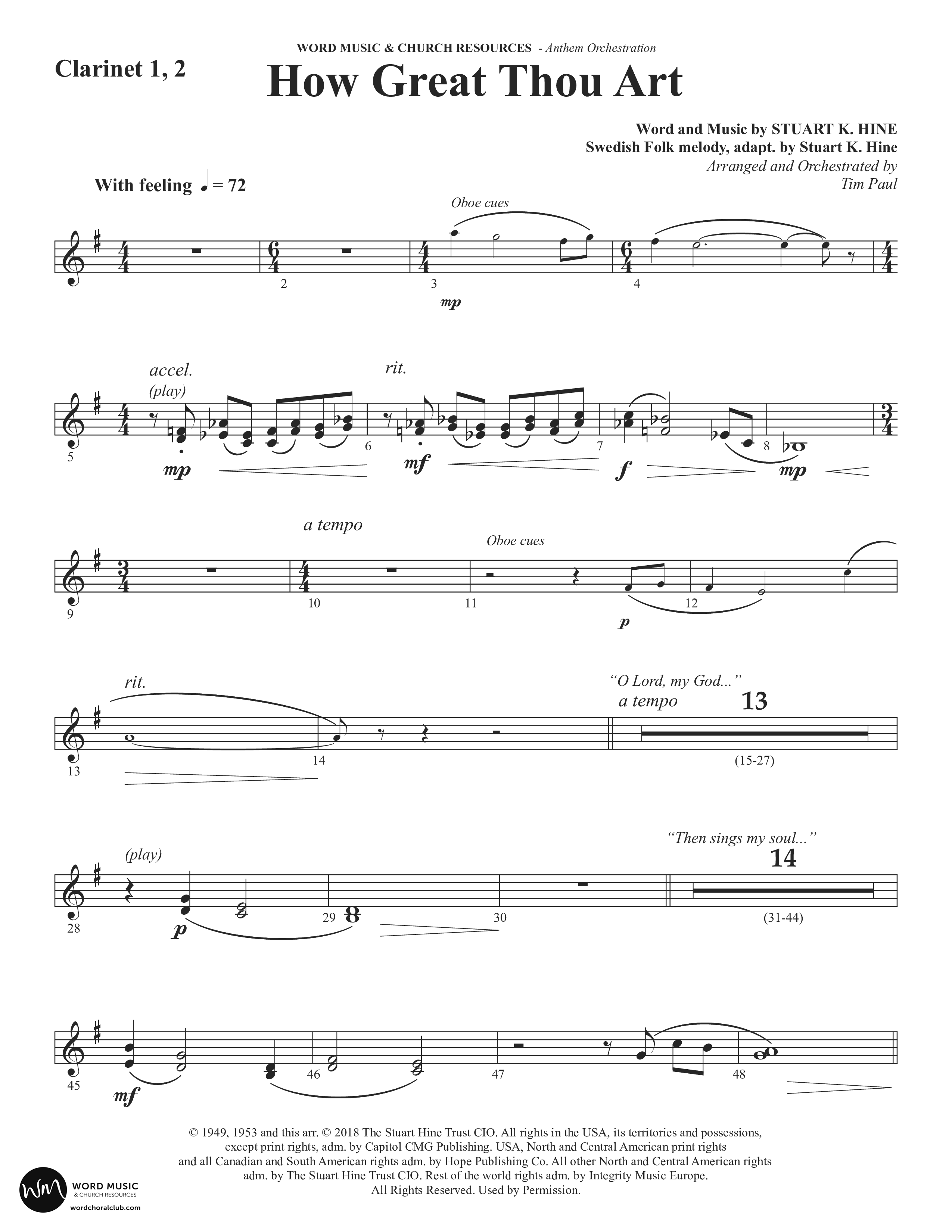 How Great Thou Art (Choral Anthem SATB) Clarinet 1/2 (Word Music Choral / Arr. Tim Paul)