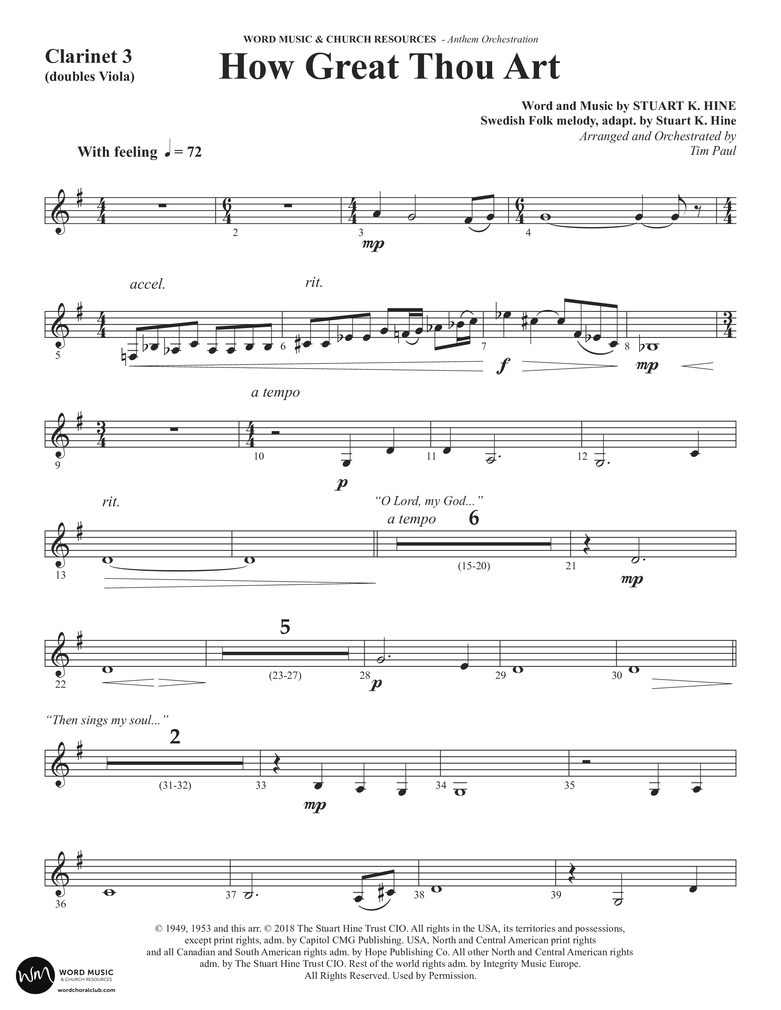 How Great Thou Art (Choral Anthem SATB) Clarinet 3 (Word Music Choral / Arr. Tim Paul)