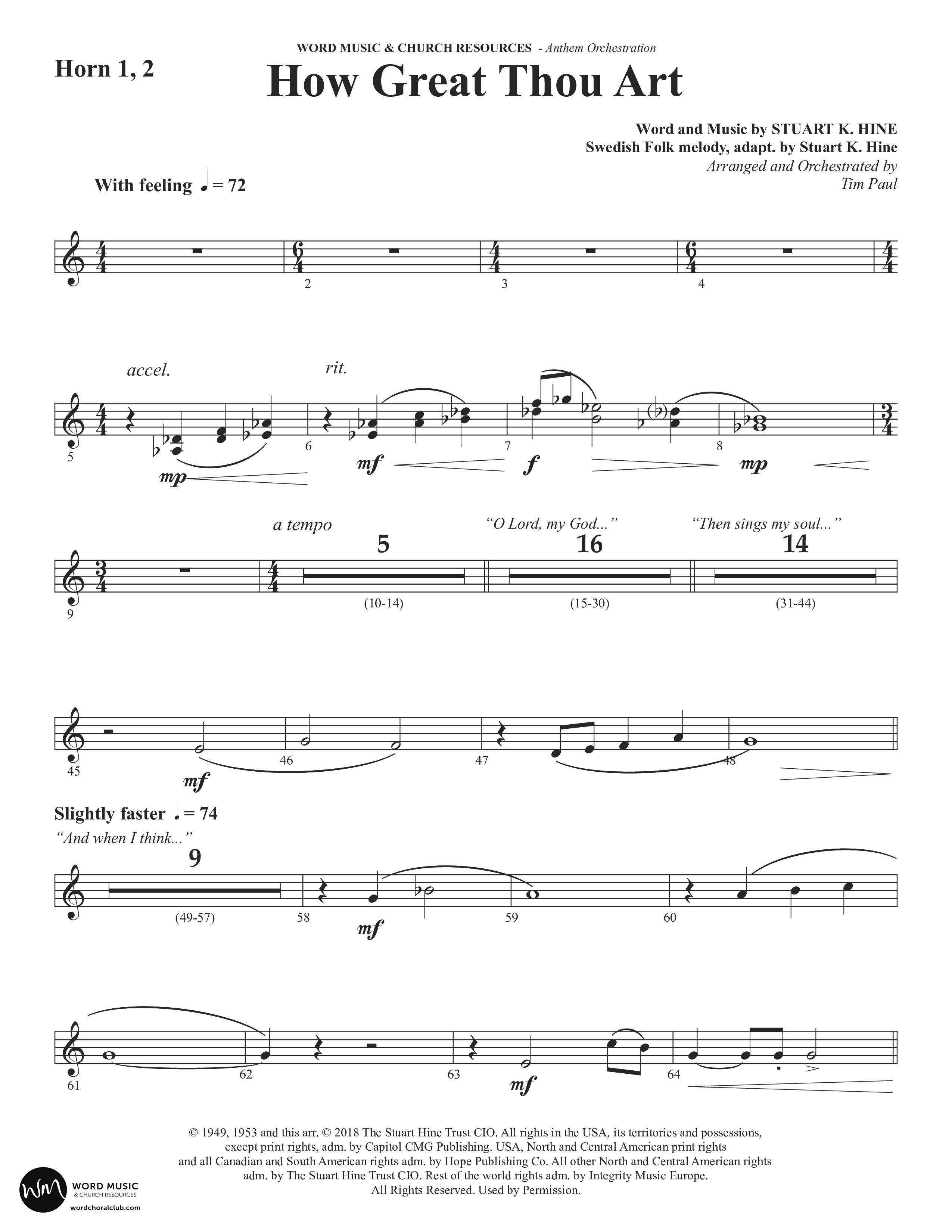 How Great Thou Art (Choral Anthem SATB) French Horn (Word Music Choral / Arr. Tim Paul)