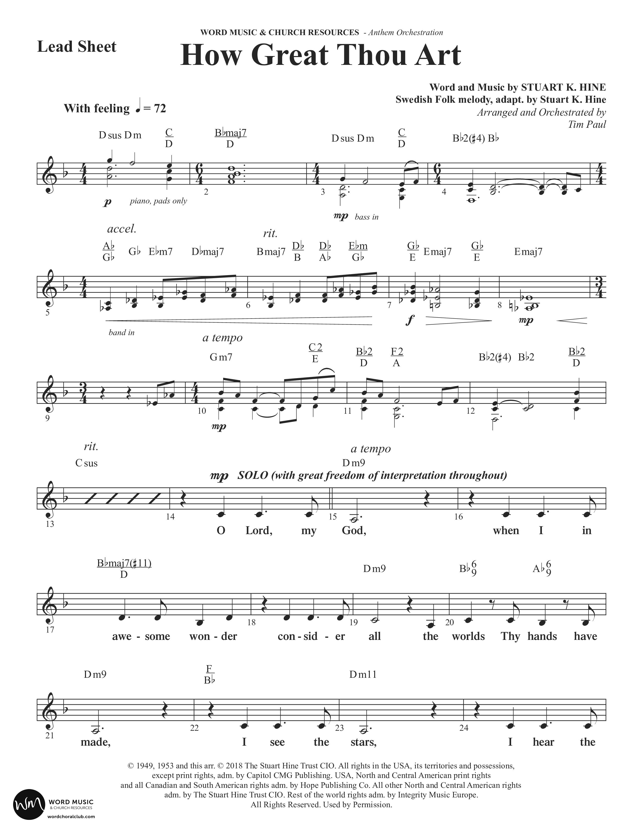 How Great Thou Art (Choral Anthem SATB) Lead Sheet (Melody) (Word Music Choral / Arr. Tim Paul)