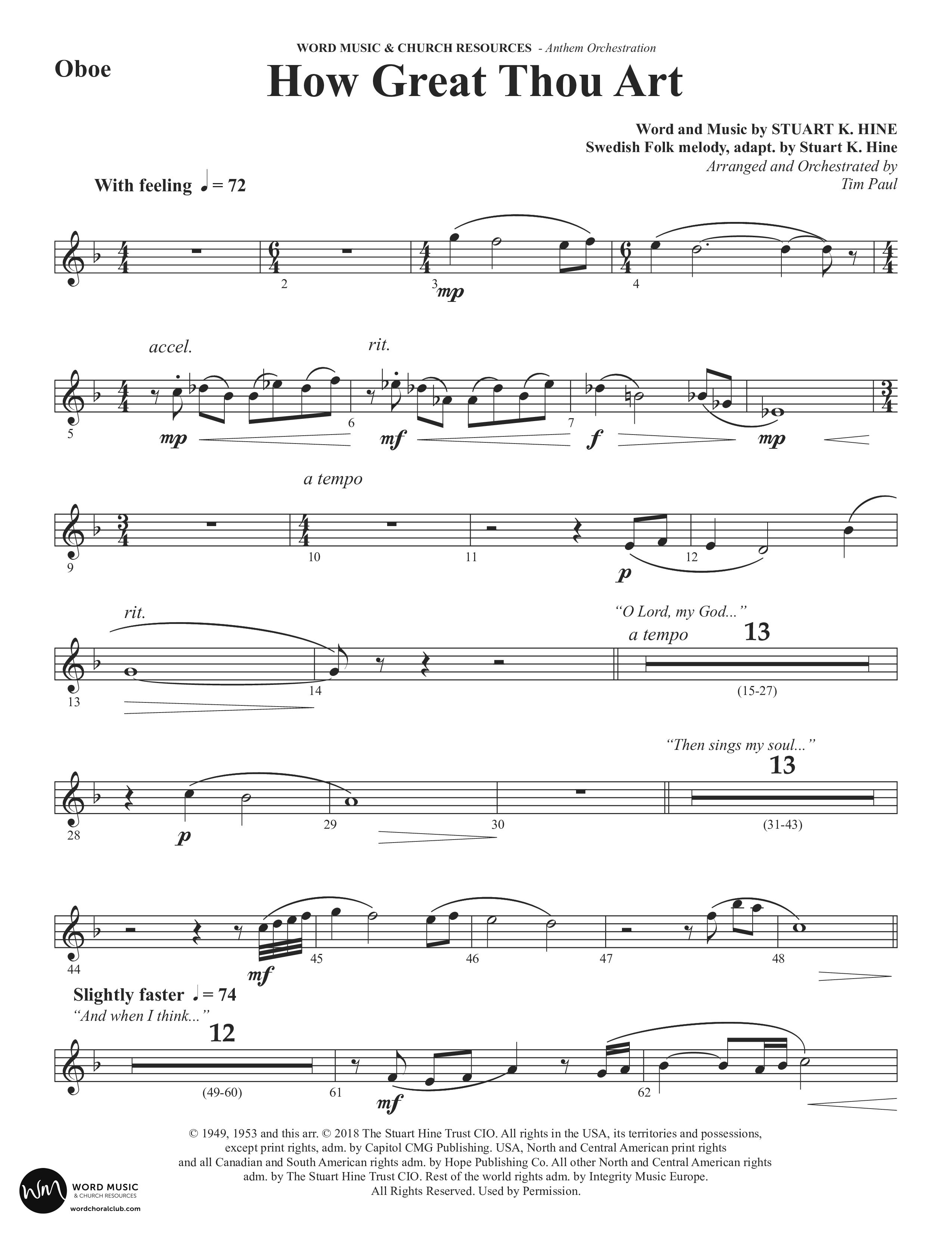 How Great Thou Art (Choral Anthem SATB) Oboe (Word Music Choral / Arr. Tim Paul)