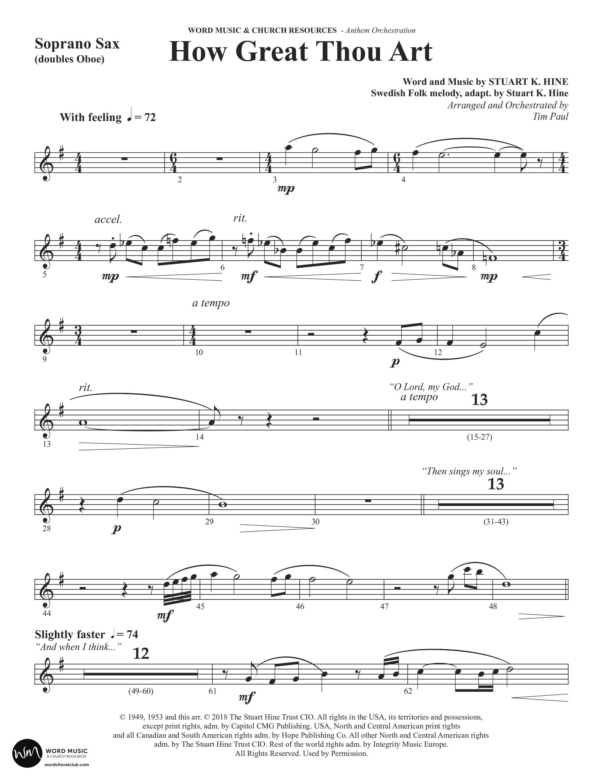 How Great Thou Art (Choral Anthem SATB) Soprano Sax (Word Music Choral / Arr. Tim Paul)