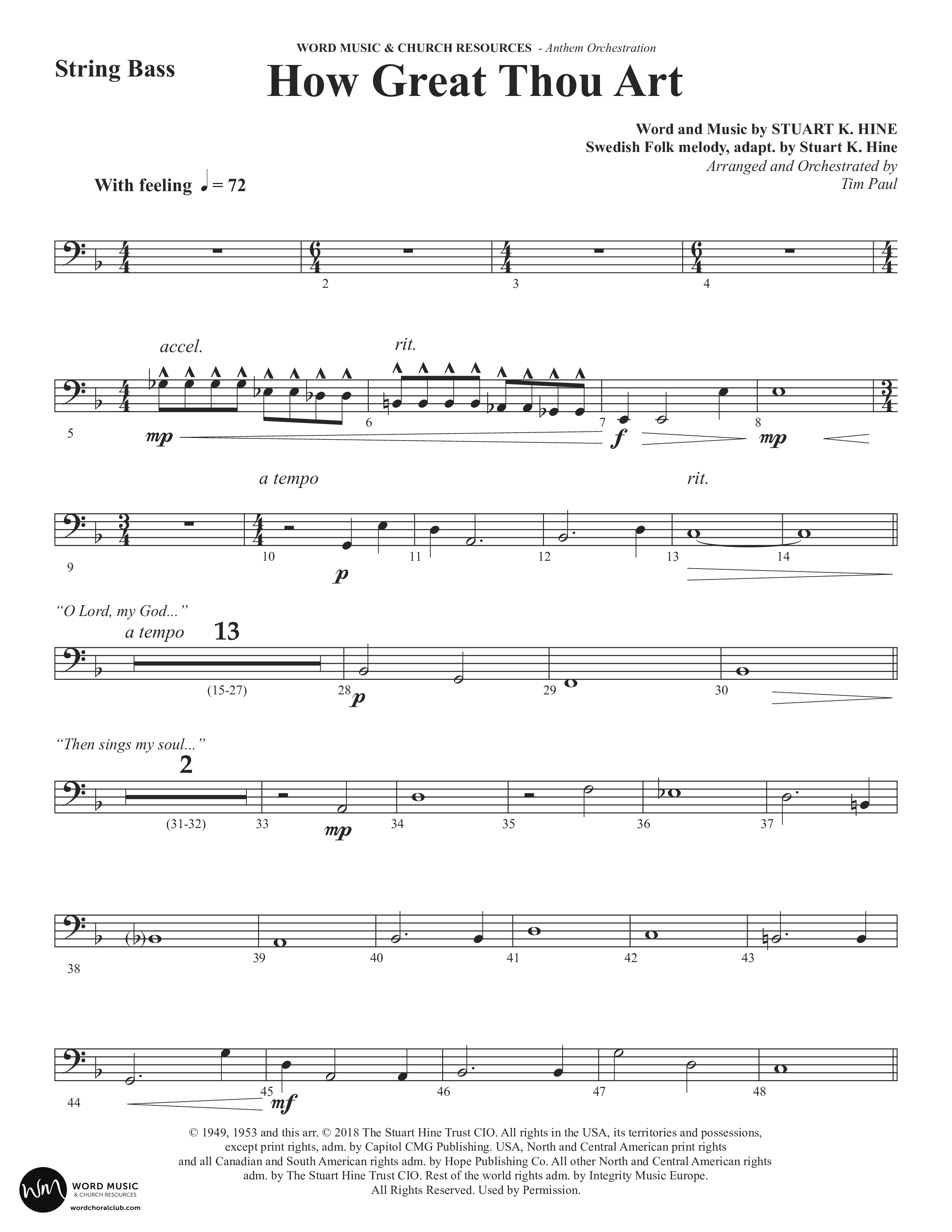 How Great Thou Art (Choral Anthem SATB) String Bass (Word Music Choral / Arr. Tim Paul)