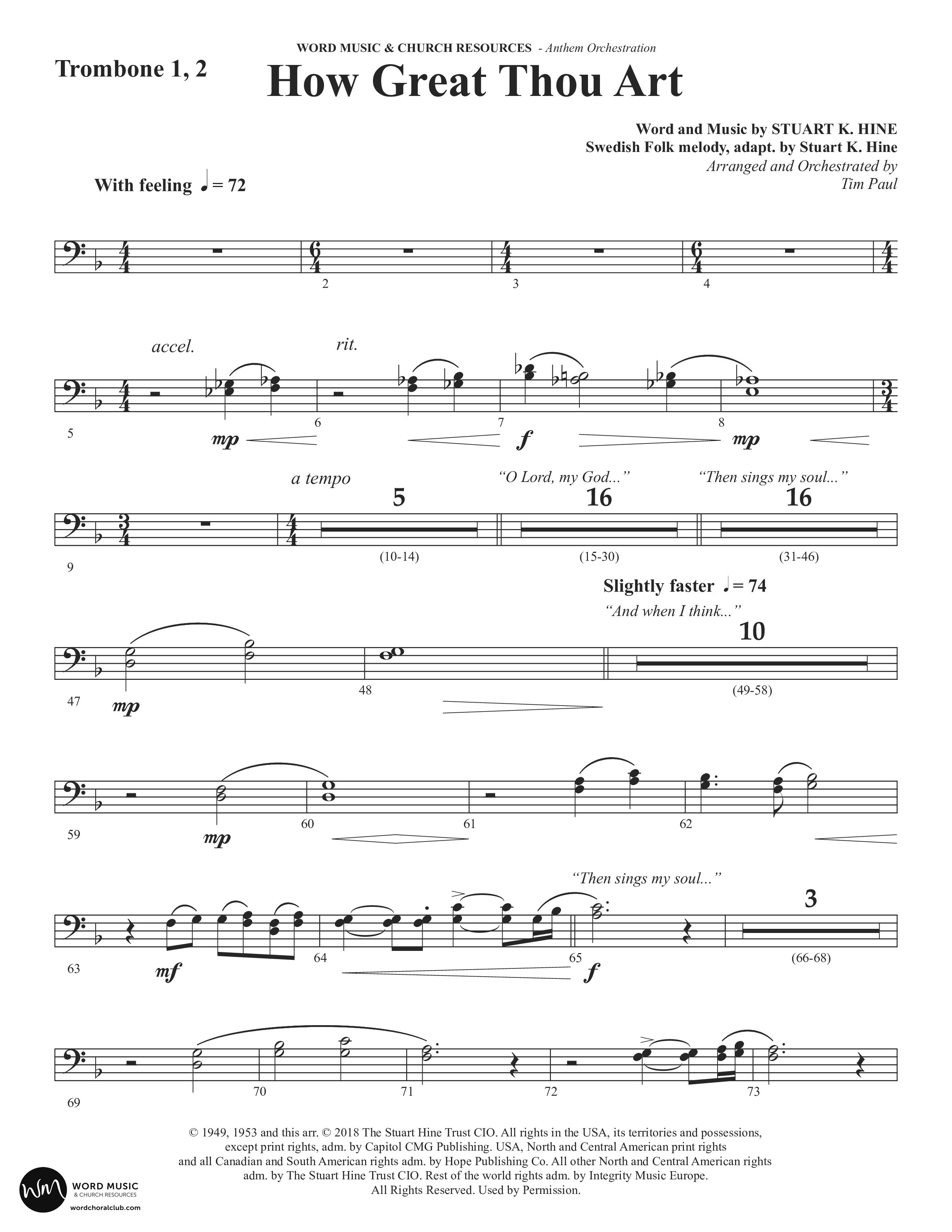 How Great Thou Art (Choral Anthem SATB) Trombone 1/2 (Word Music Choral / Arr. Tim Paul)