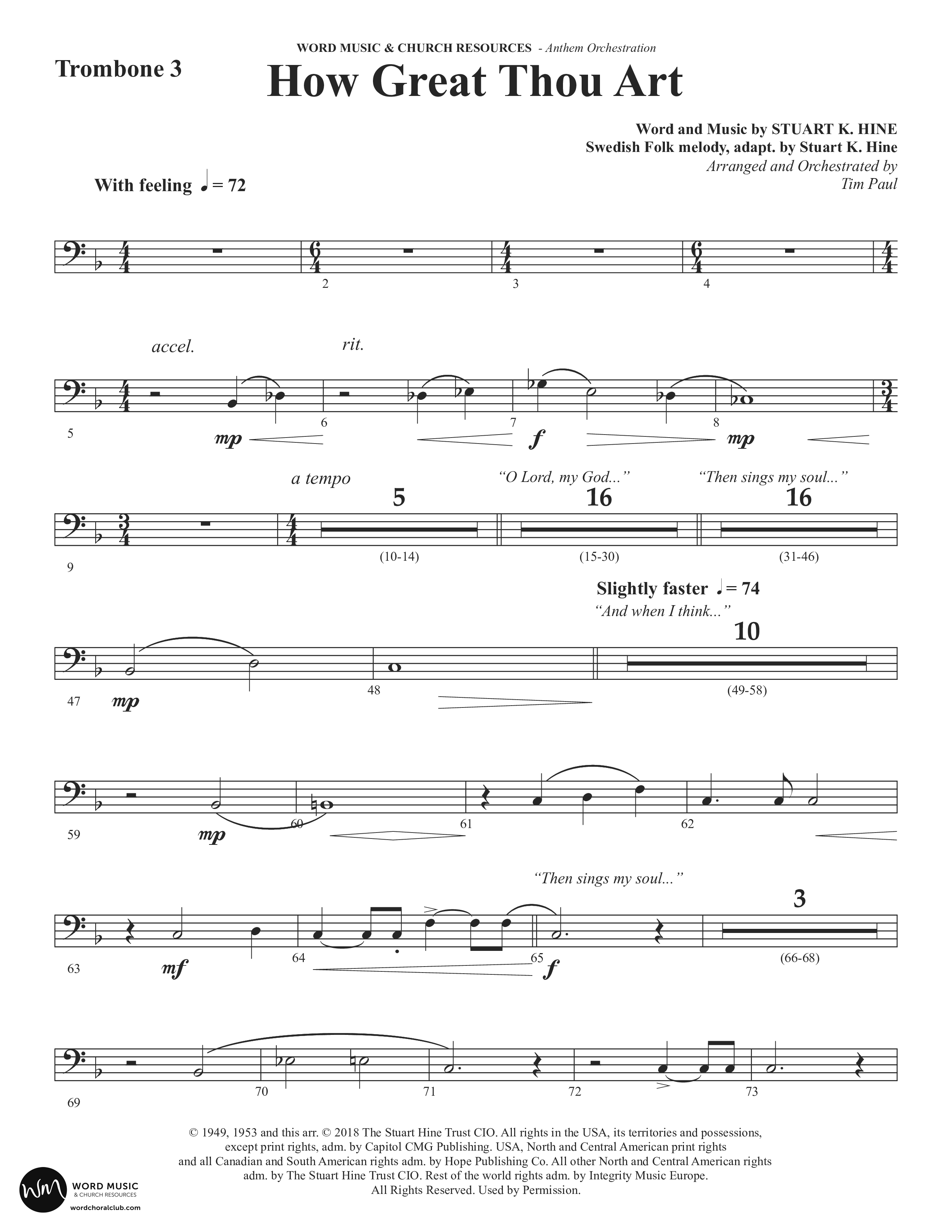How Great Thou Art (Choral Anthem SATB) Trombone 3 (Word Music Choral / Arr. Tim Paul)