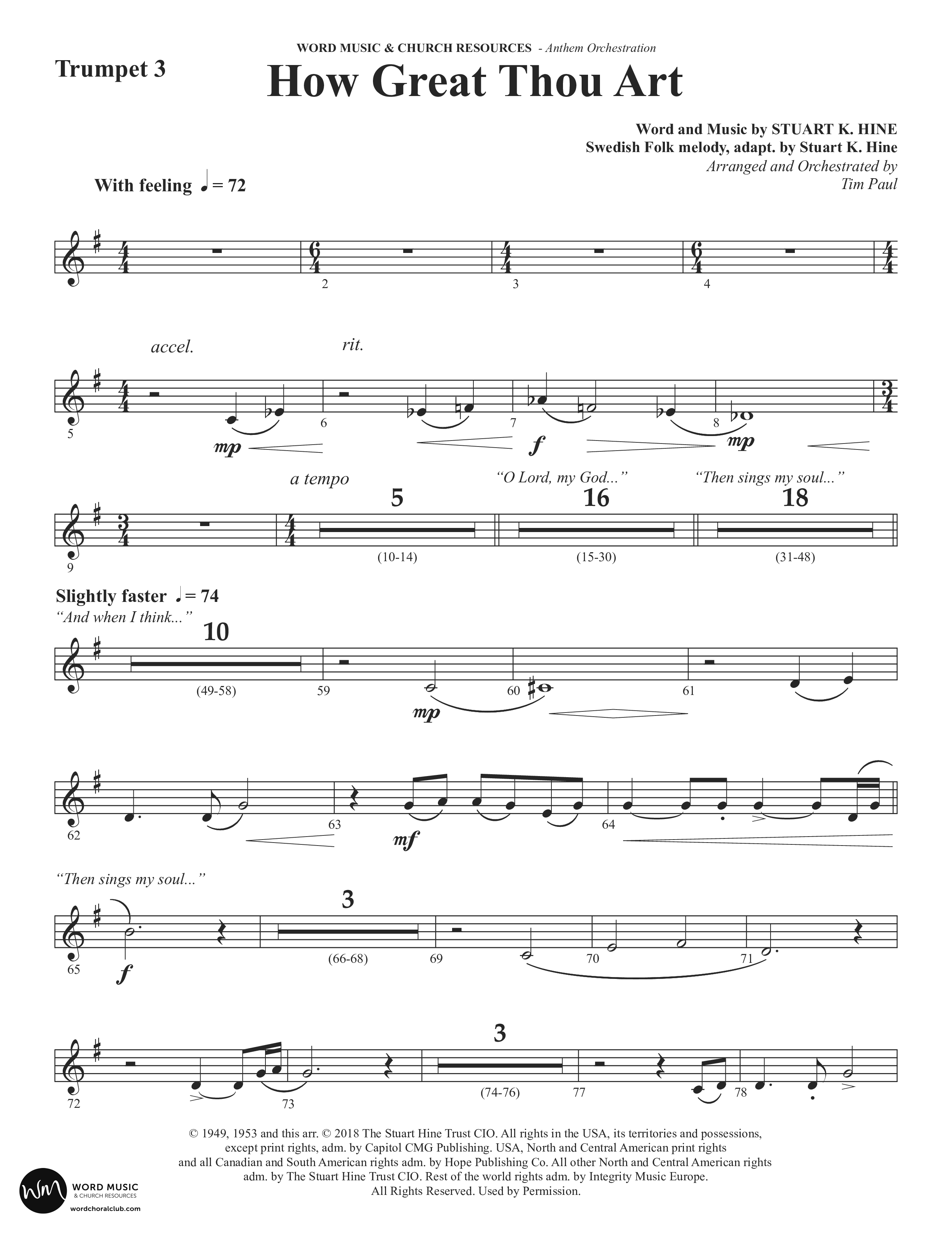 How Great Thou Art (Choral Anthem SATB) Trumpet 3 (Word Music Choral / Arr. Tim Paul)