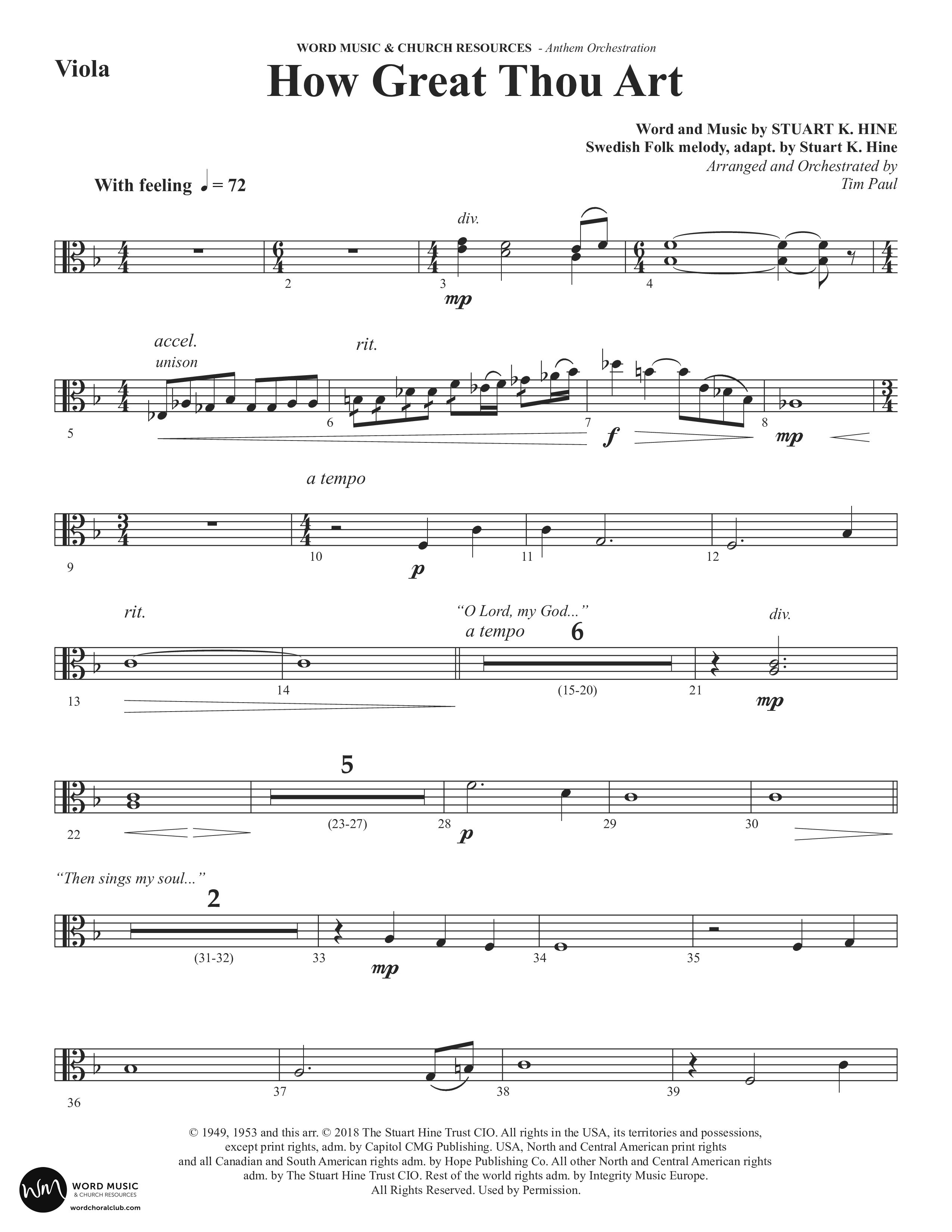 How Great Thou Art (Choral Anthem SATB) Viola (Word Music Choral / Arr. Tim Paul)