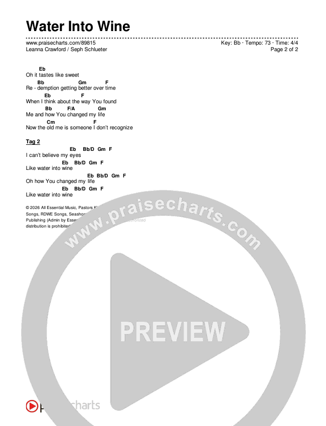 Water Into Wine Chords & Lyrics (Leanna Crawford / Seph Schlueter)